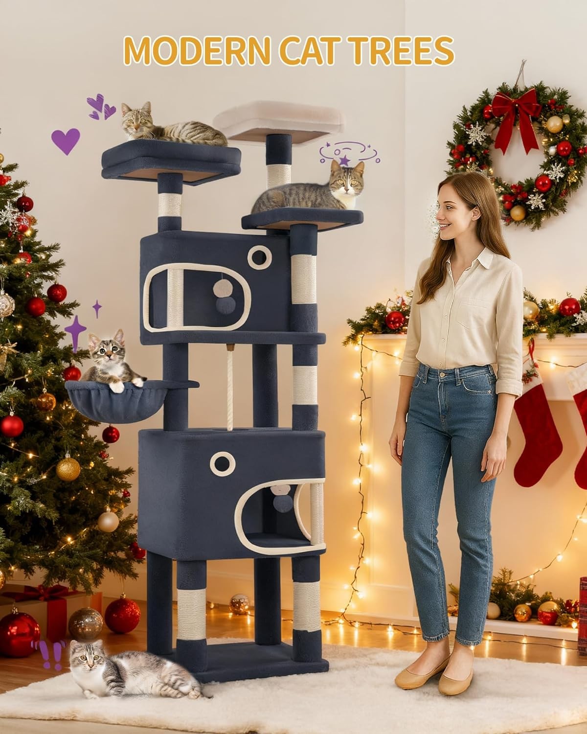 Hzuaneri 180 cm Cat Tree for Indoor Cats, Cat Tower, Multi-Level Cats Condo with