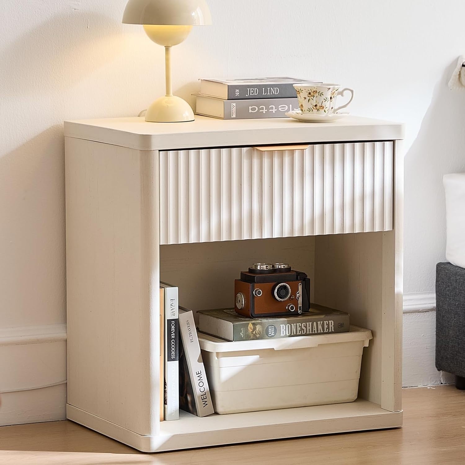 White Fluted Bedside Table with Drawer Modern Nightstand Storage Cabinet