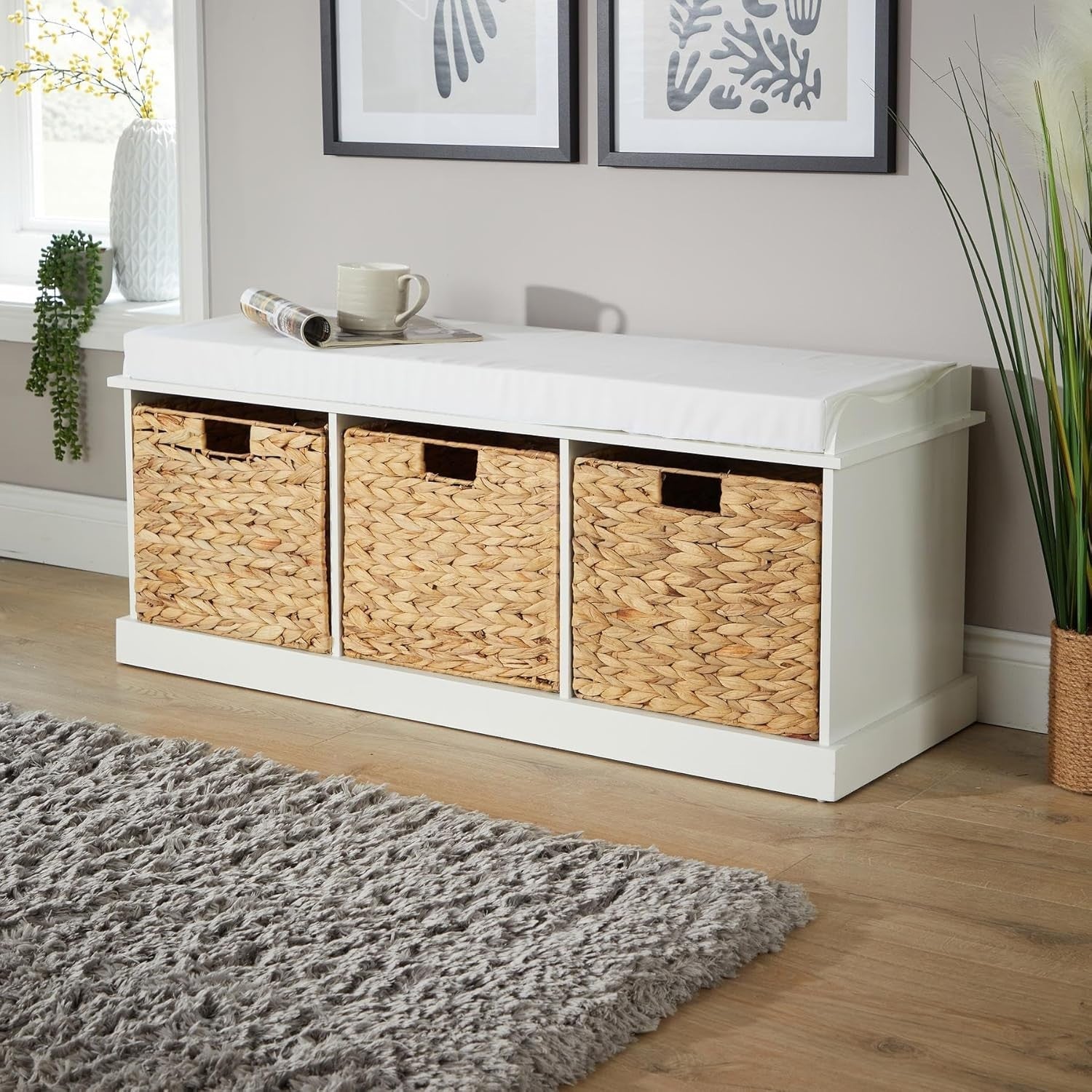 White Shoe Bench with Cushion & 3 Basket Drawers Hallway Storage 110x40x46cm