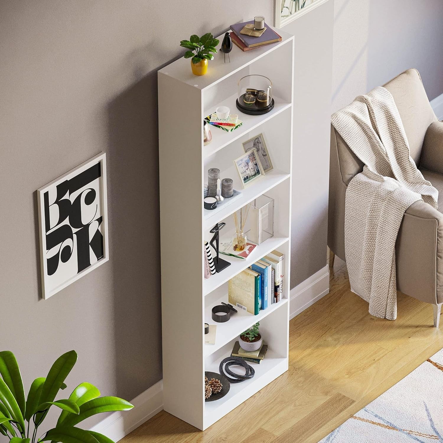 5 Tier White Wooden Bookcase Modern Storage Display Shelf for Living Room
