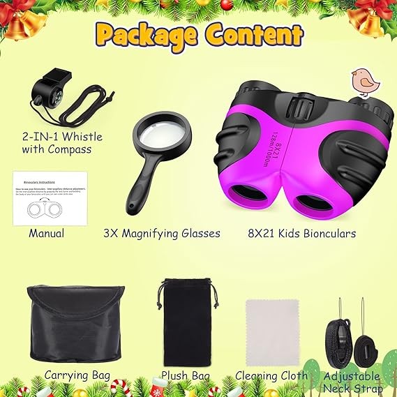 Kids 8x21 Waterproof Binoculars Purple with Compass Whistle Outdoor Explorer