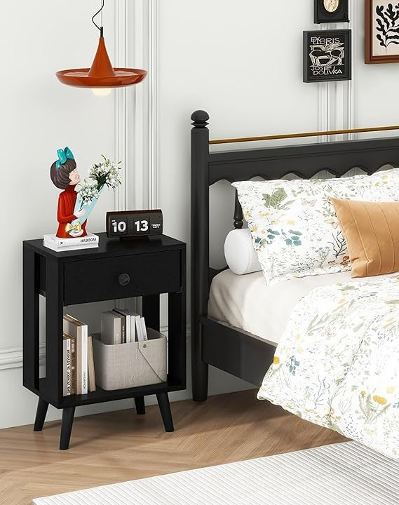 Set of 2 Black Bedside Tables with Drawer & Open Shelf, Modern Wooden Nightstand