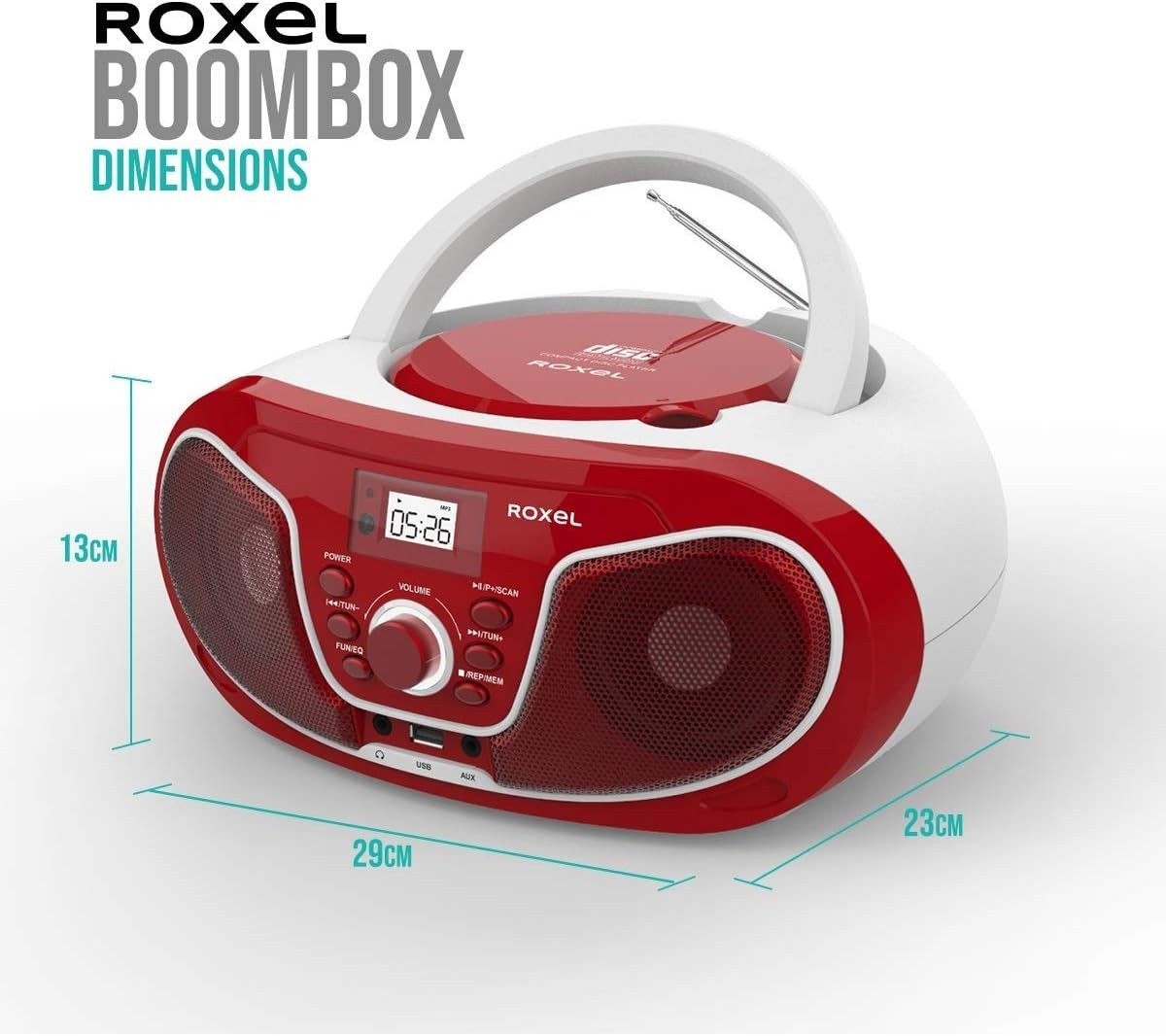 Red Portable Boombox CD Player FM Radio USB AUX Bluetooth Remote