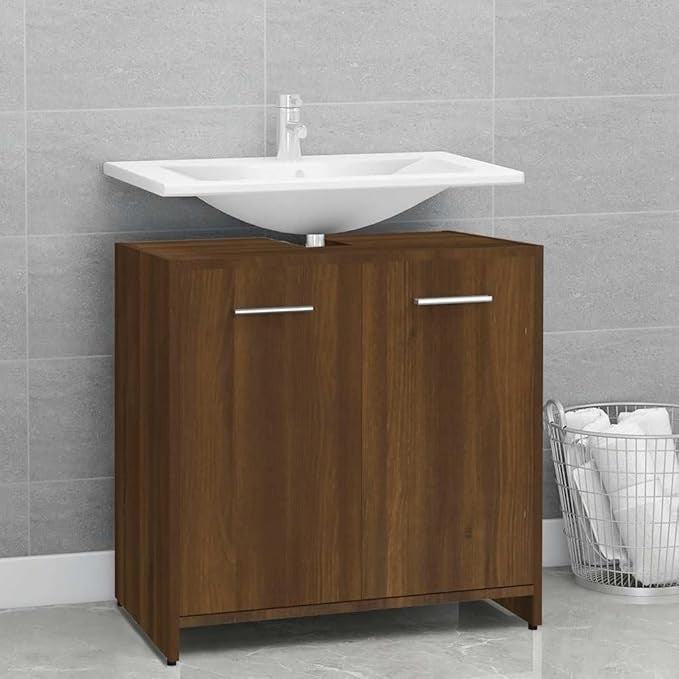 Brown Oak Bathroom Sink Cabinet 60x33x60cm Modern Under Sink Storage Cupboard