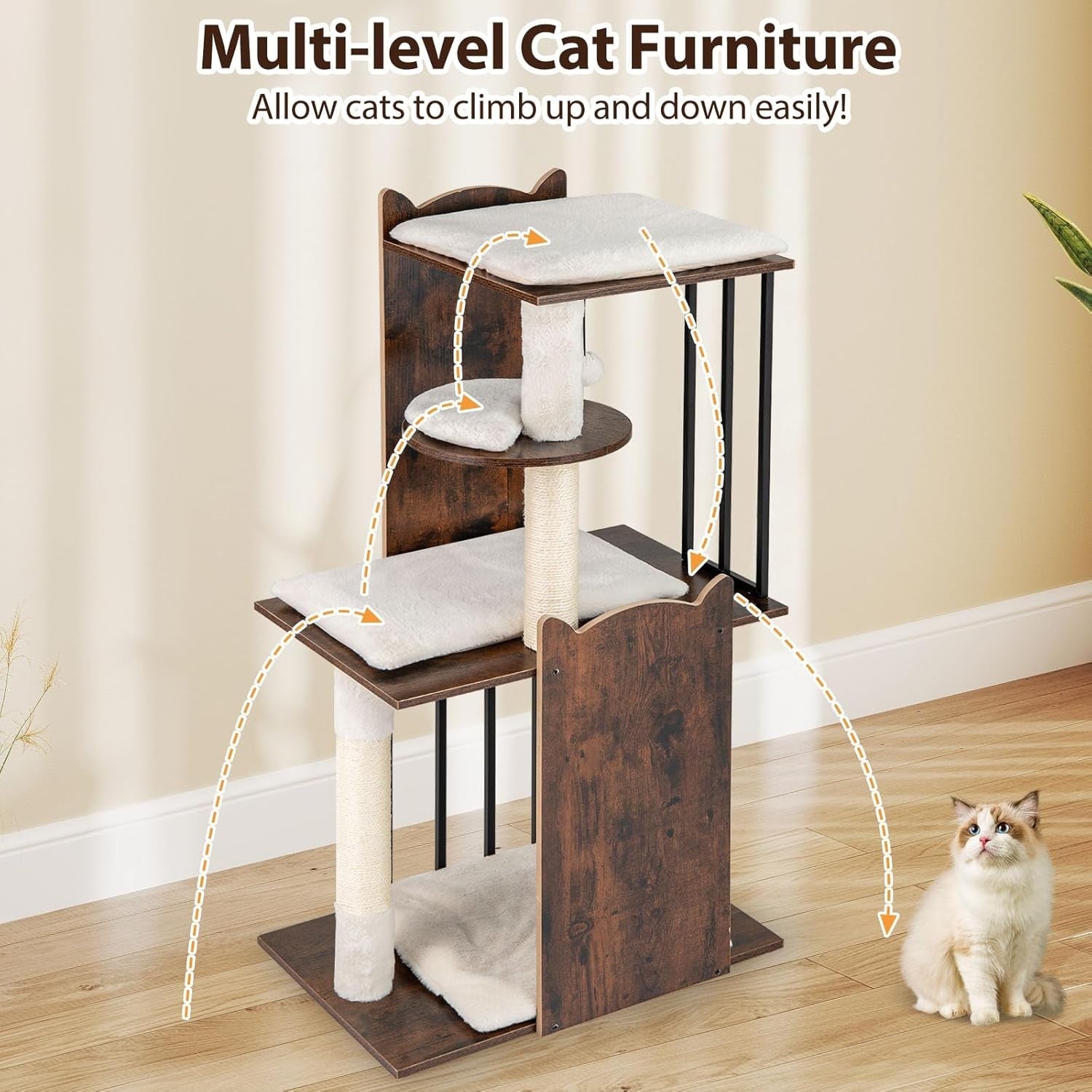 Modern Cat Tree 112cm Multi Level Scratching Tower Rustic Brown