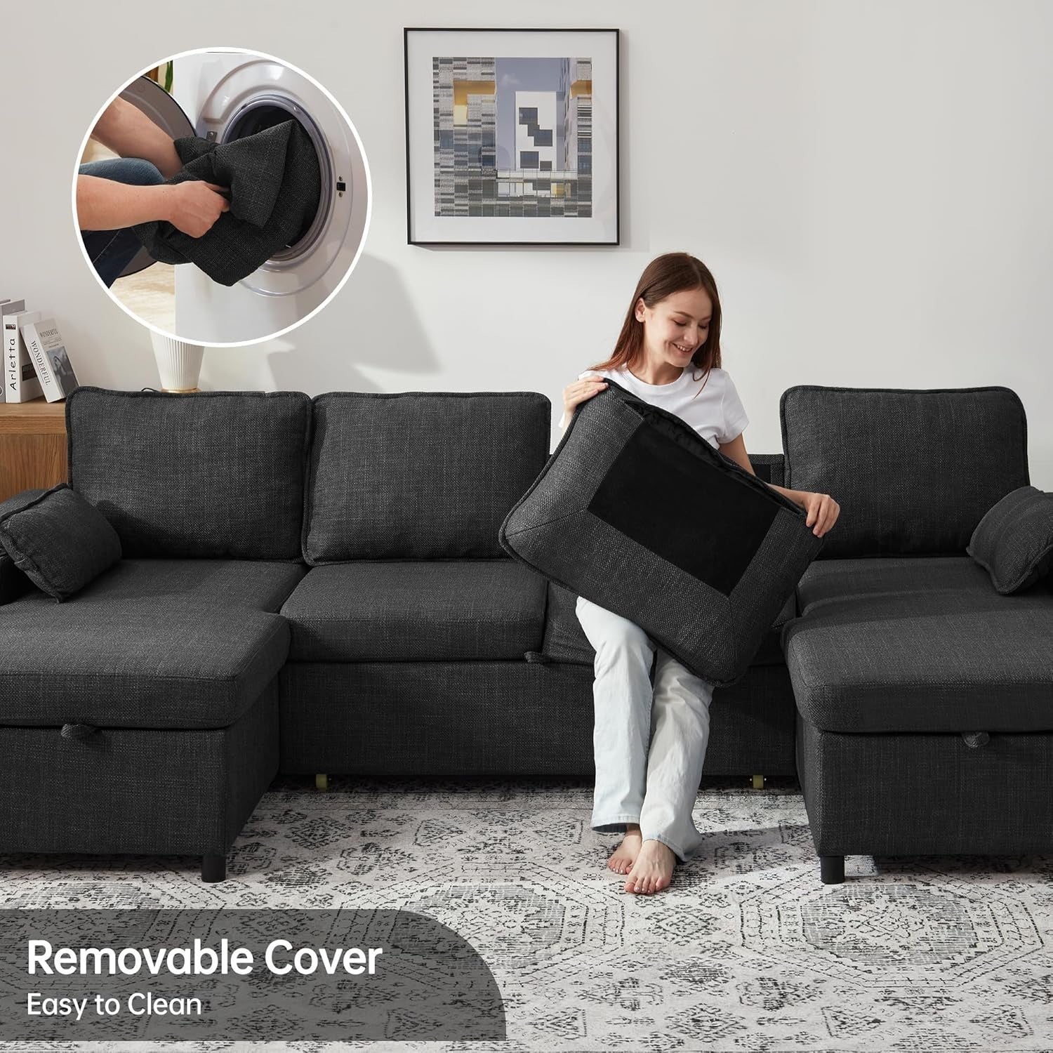 Dark Gray U-Shaped Sofa Bed with Storage, USB Ports, Cup Holders, Sleeper Couch