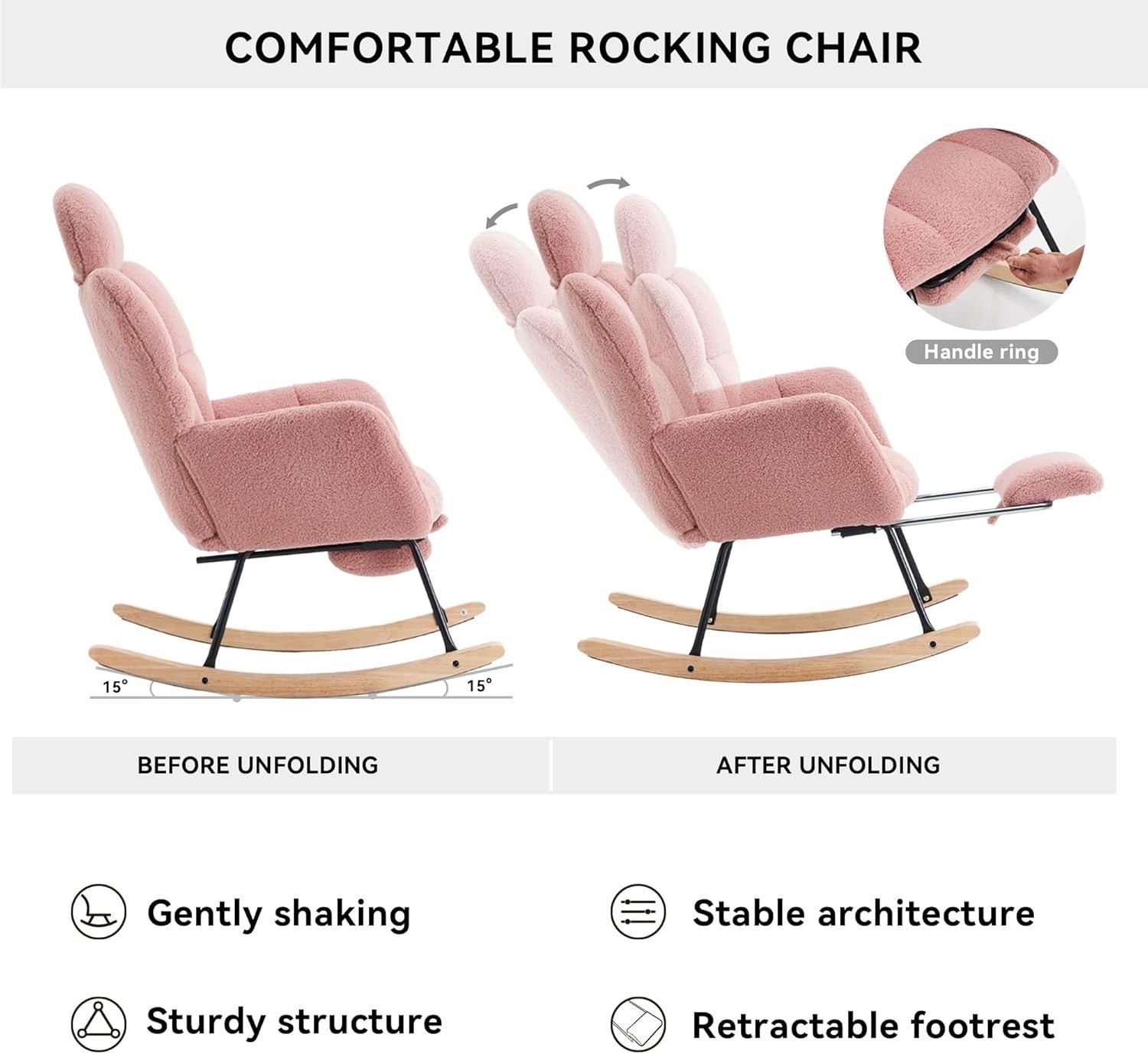 Pink Rocking Recliner Chair w/ Footrest & Headrest – Soft Teddy Armchair 125cm