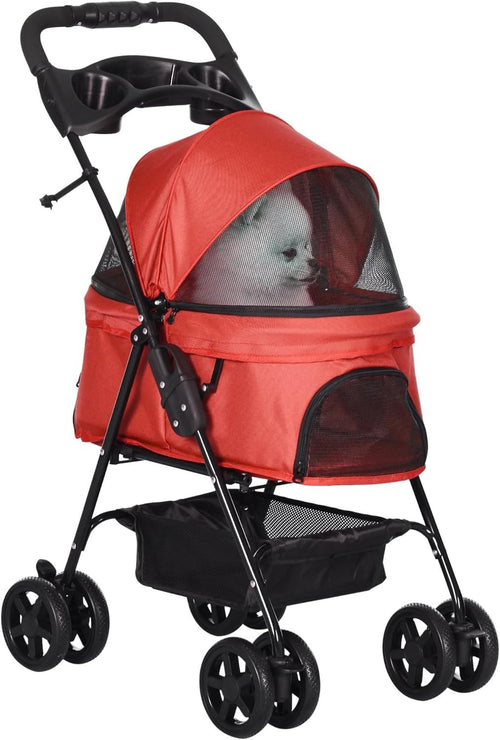 Foldable Pet Stroller Dog Pushchair with Brake Basket Canopy Red