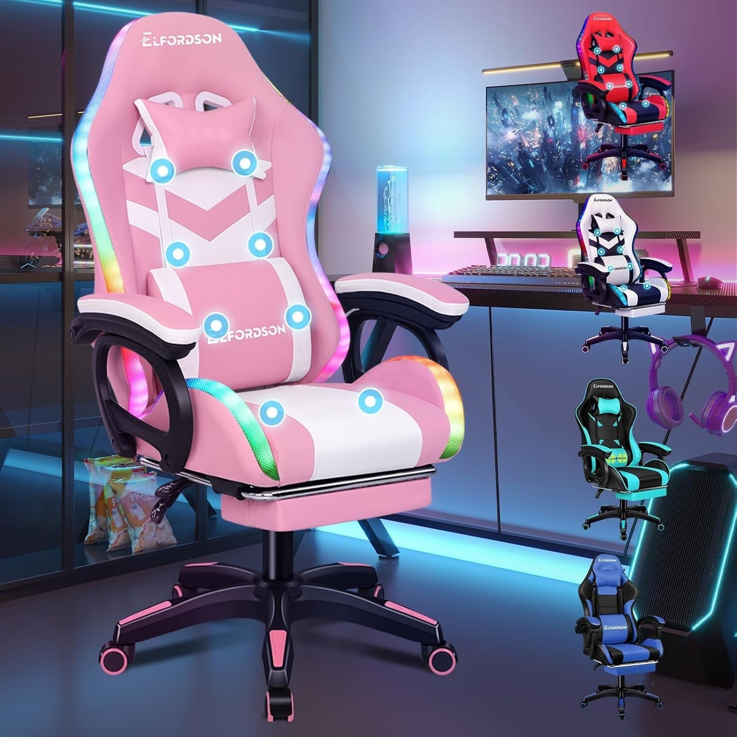 Pink Gaming Chair LED RGB Light 8-Point Massage Recliner Footrest Home Office
