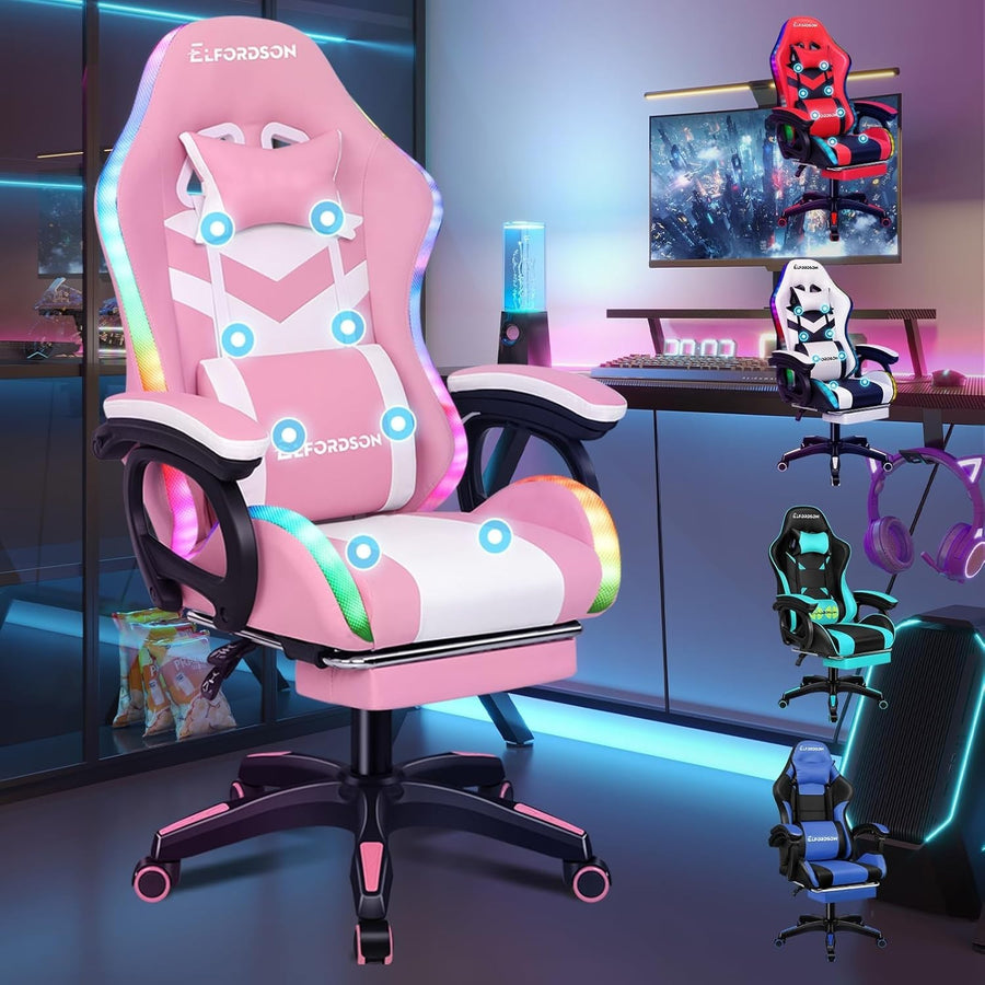 Pink Gaming Chair LED RGB Light 8-Point Massage Recliner Footrest Home Office