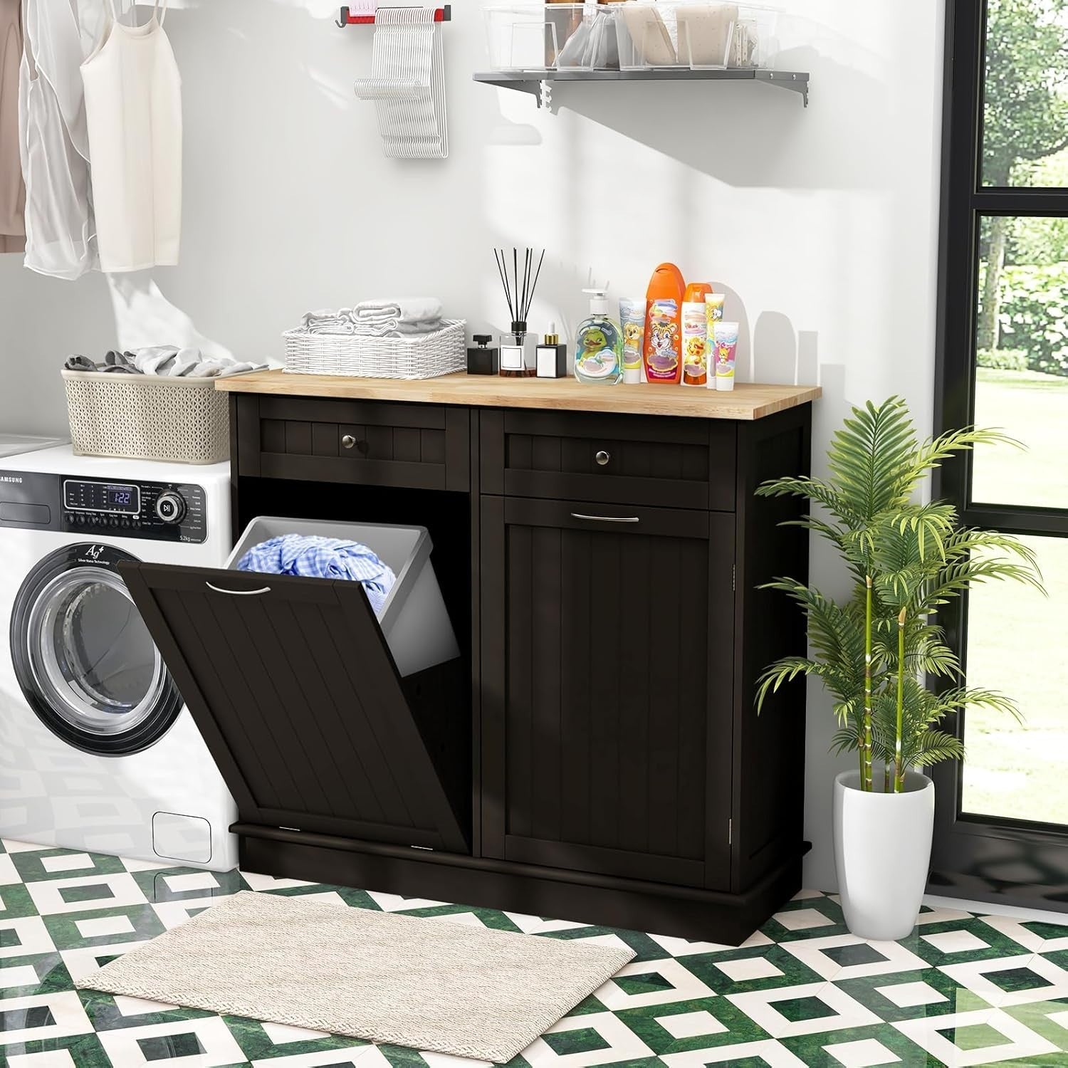 Modern Kitchen Sideboard with Tilt-Out Trash Bin Cabinet & Storage Drawers Brown