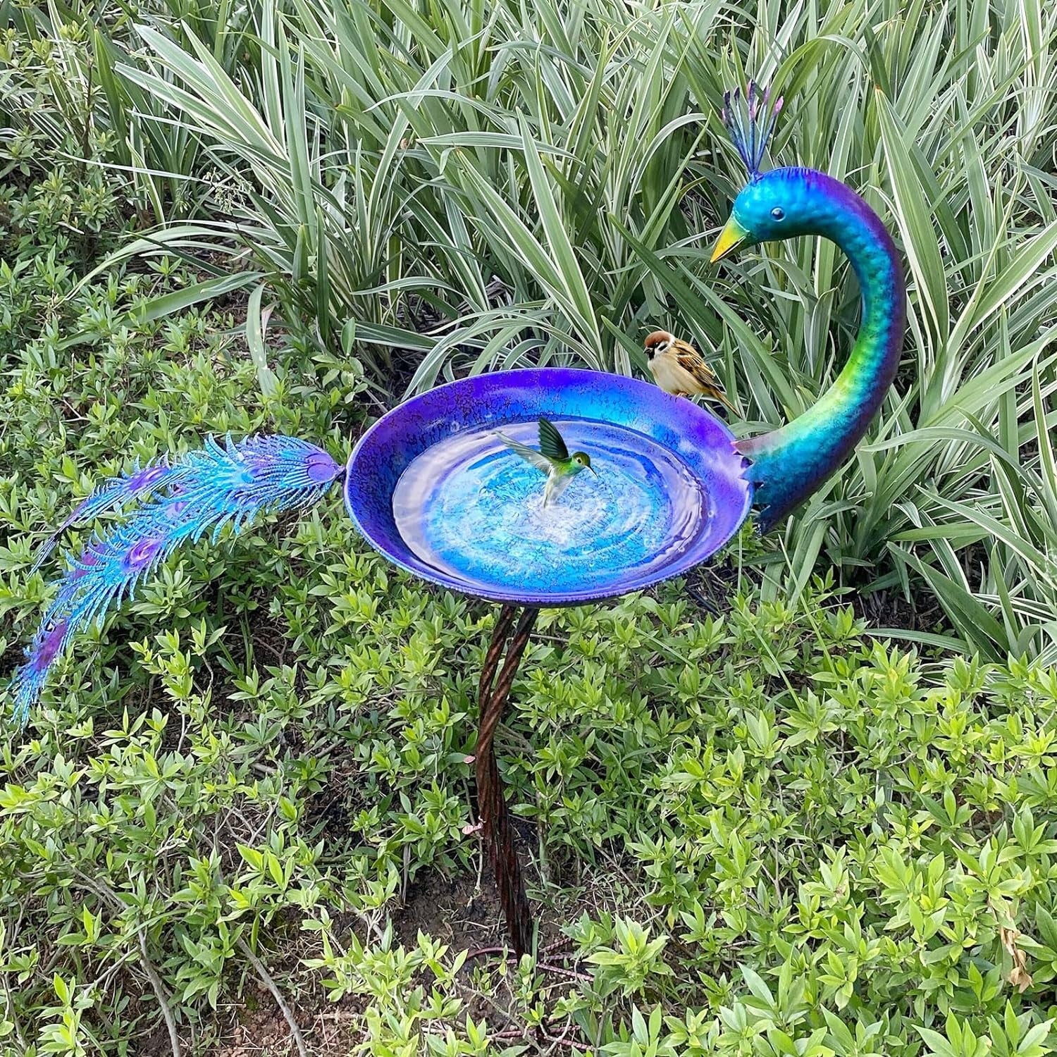 Peacock Bird Bath Outdoor Garden Decor – Metal Feeder Tray Yard Ornament 38