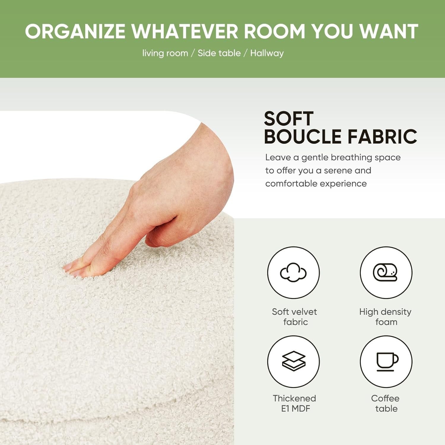 White Boucle Large Round Storage Ottoman Foldable Footstool with Tray Lid