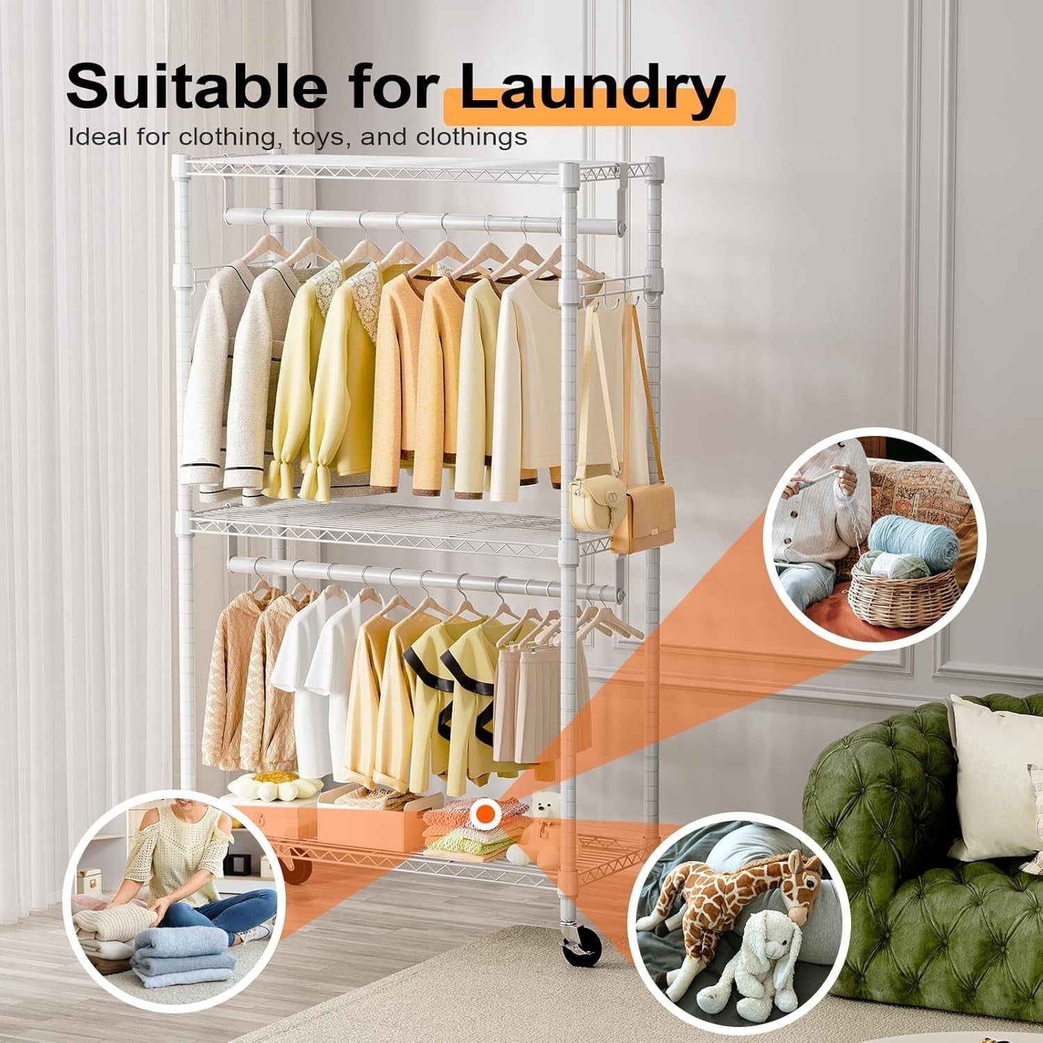 Heavy Duty White Garment Rack – 3 Tier, 2 Rods, 189cm with Wheels