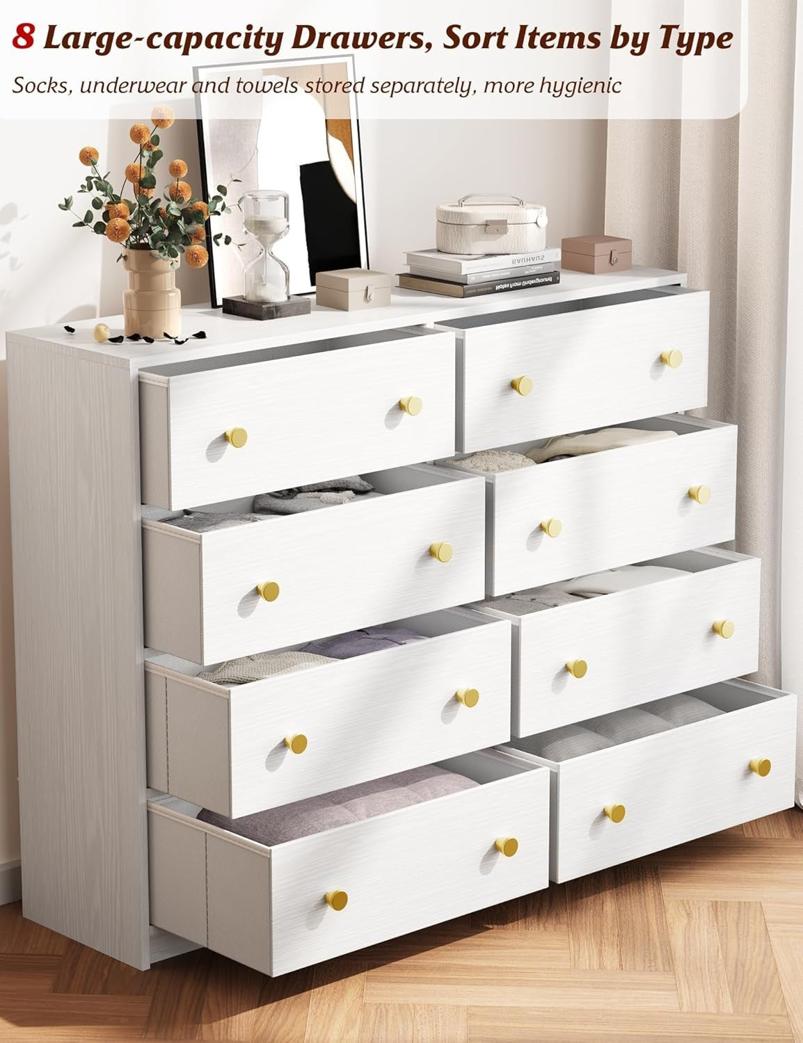 8 Drawer Chest White Fabric Storage Dresser Gold Handles Bedroom Unit
