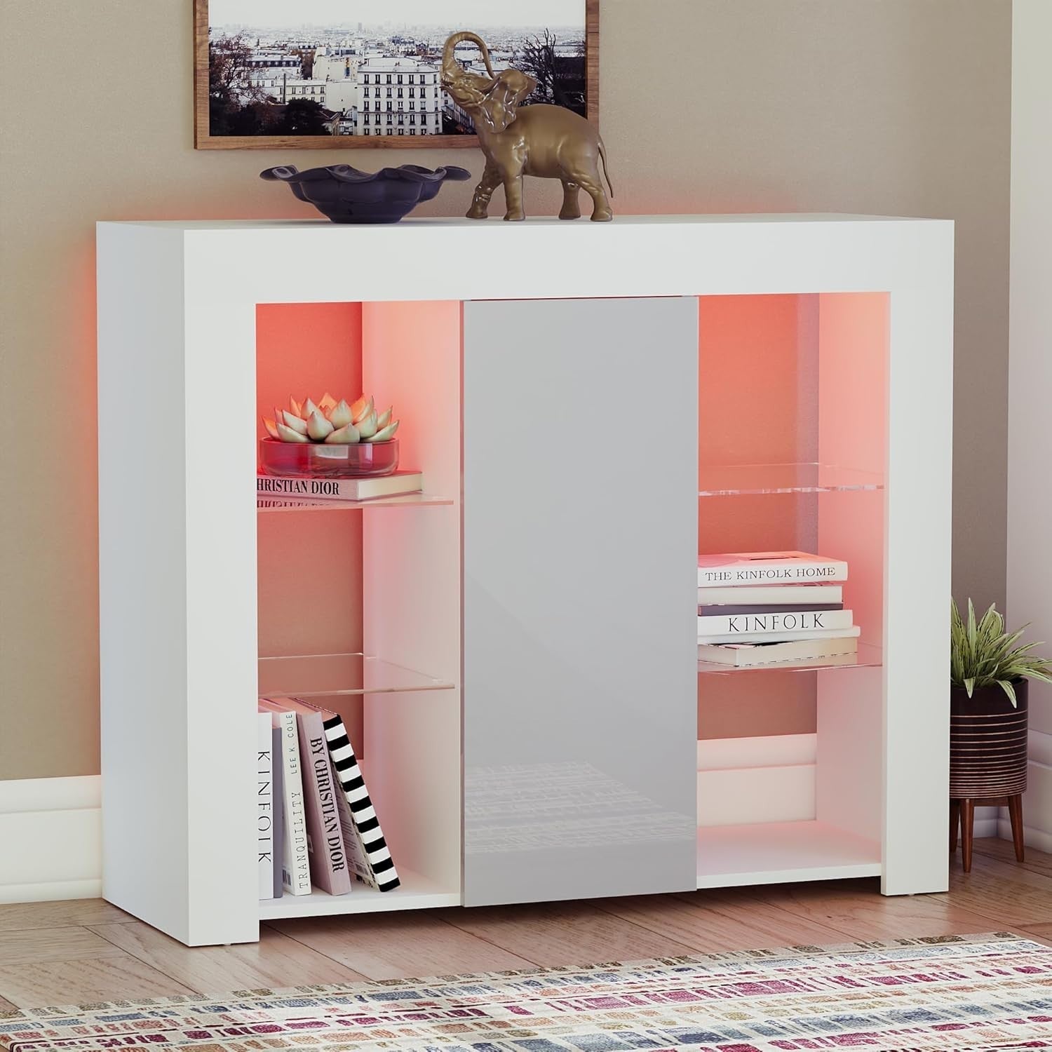 LED Sideboard Cabinet High Gloss Grey White Modern Storage Unit RGB