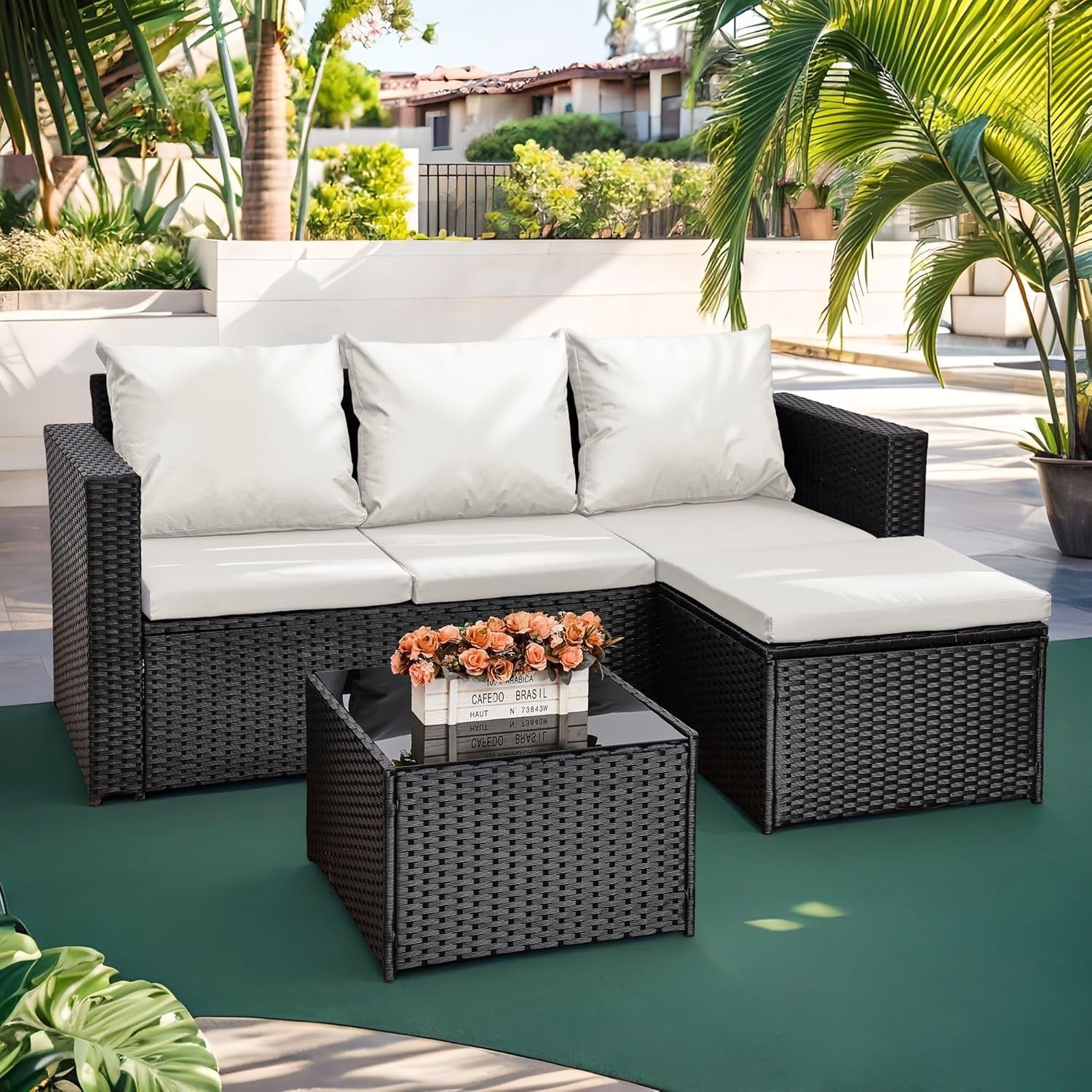 3PC Rattan Garden Sofa Set Black Wicker w/ White Cushions & Coffee Table