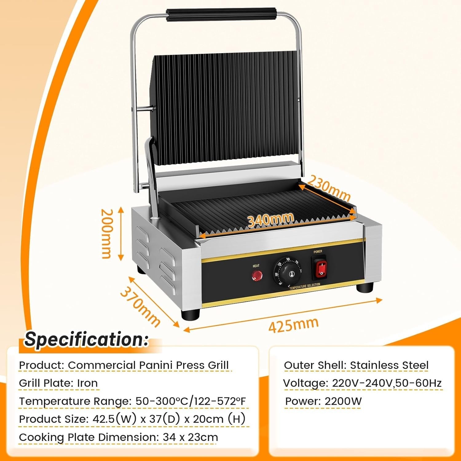 Commercial Electric Panini Press Grill Non-Stick Cast Iron Plate 2200W