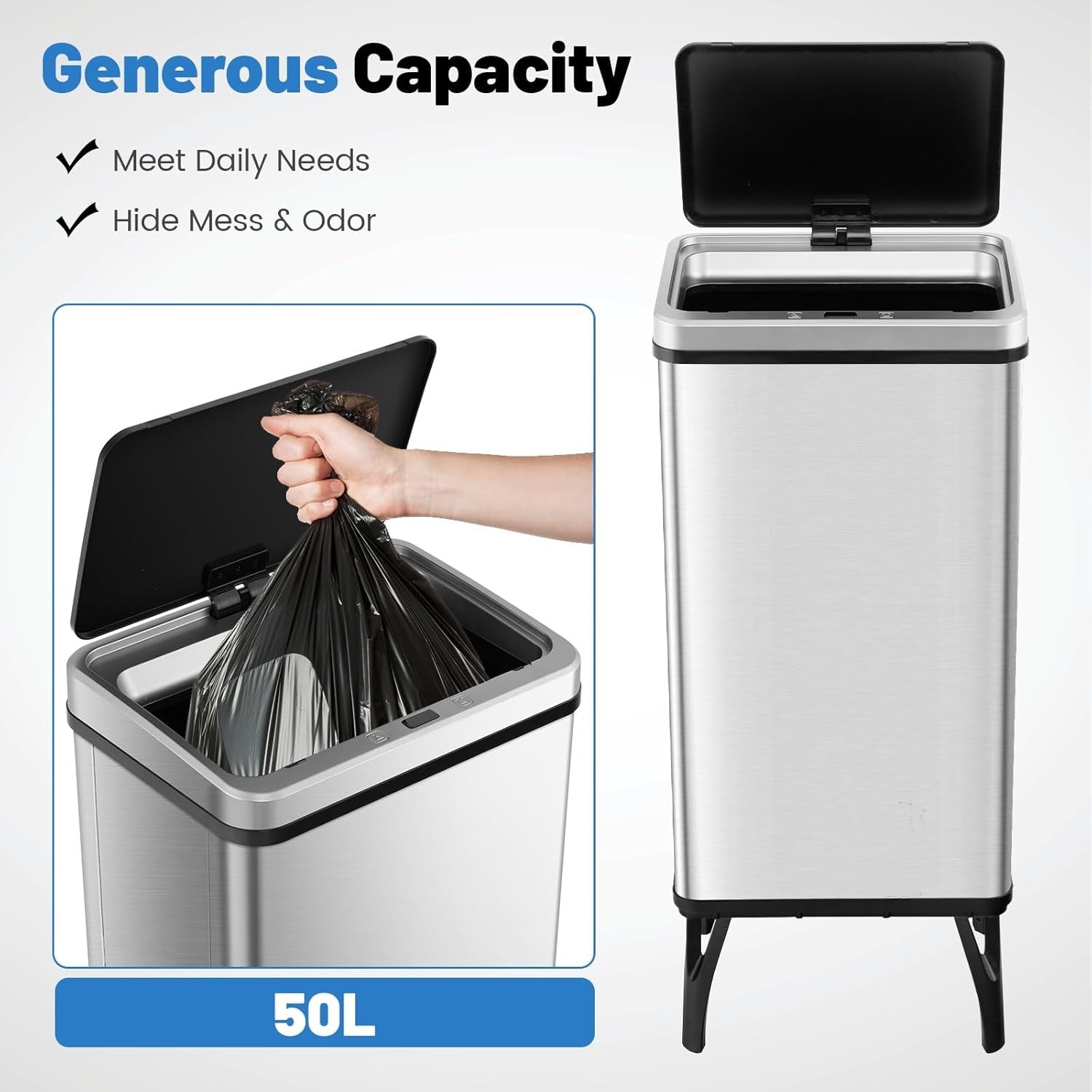 50L Touchless Sensor Kitchen Bin | Automatic Trash Can Silver Steel
