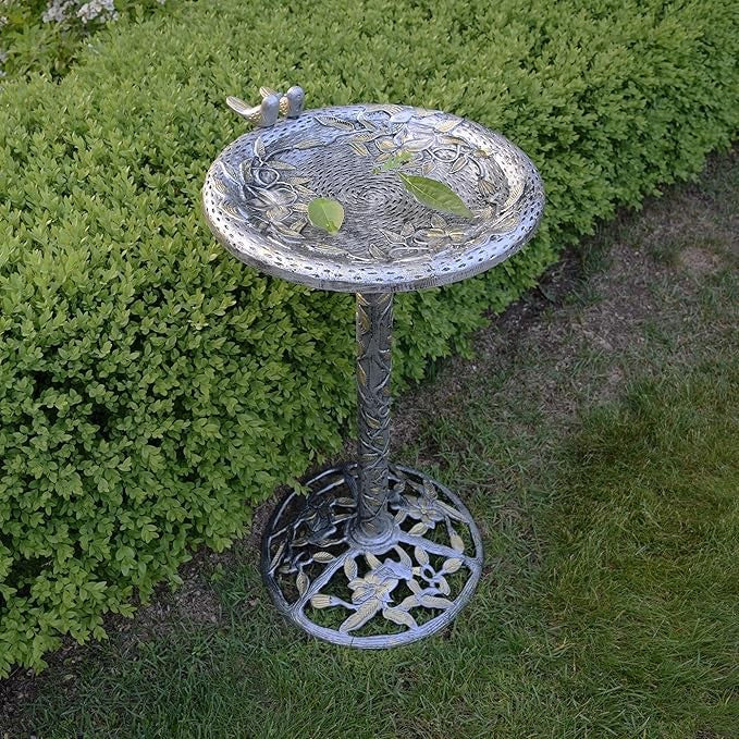 Antique Pewter Cast Bird Bath – Elegant Outdoor Hummingbird Garden Decor