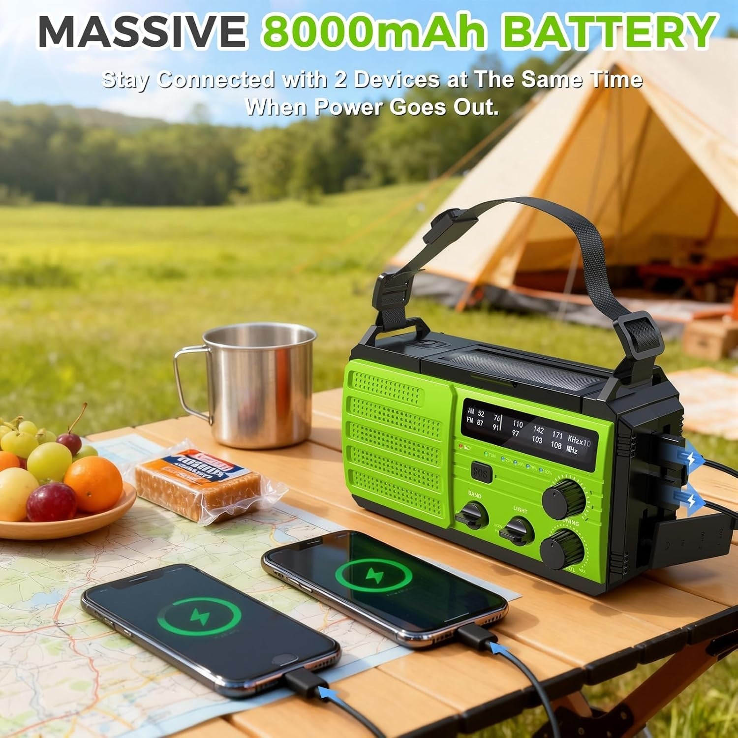 8000mAh Emergency Wind Up Radio Solar AM/FM, USB Charger SOS