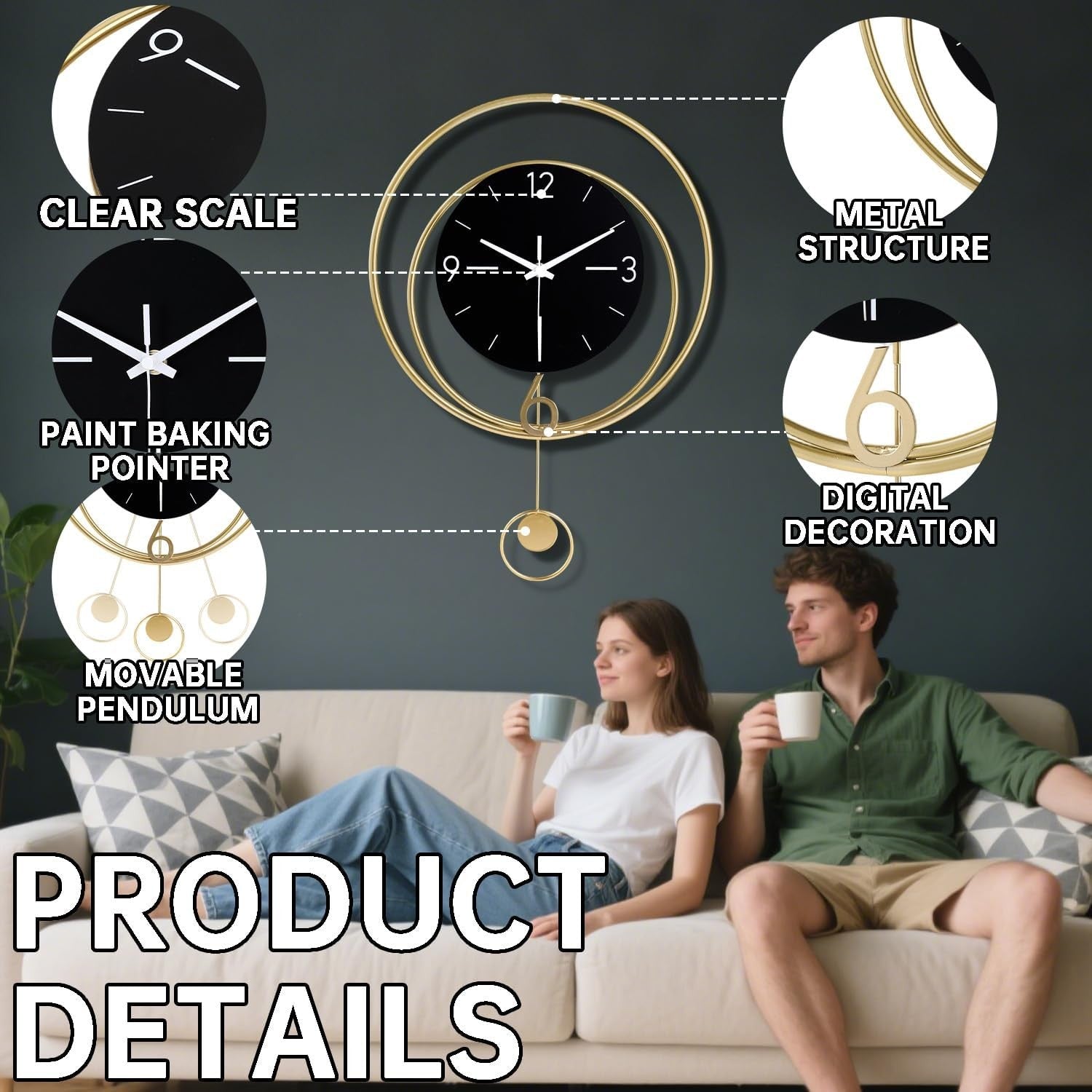 Black Modern Wall Clock 33x43cm Silent Quartz Pendulum Stylish Home Decor