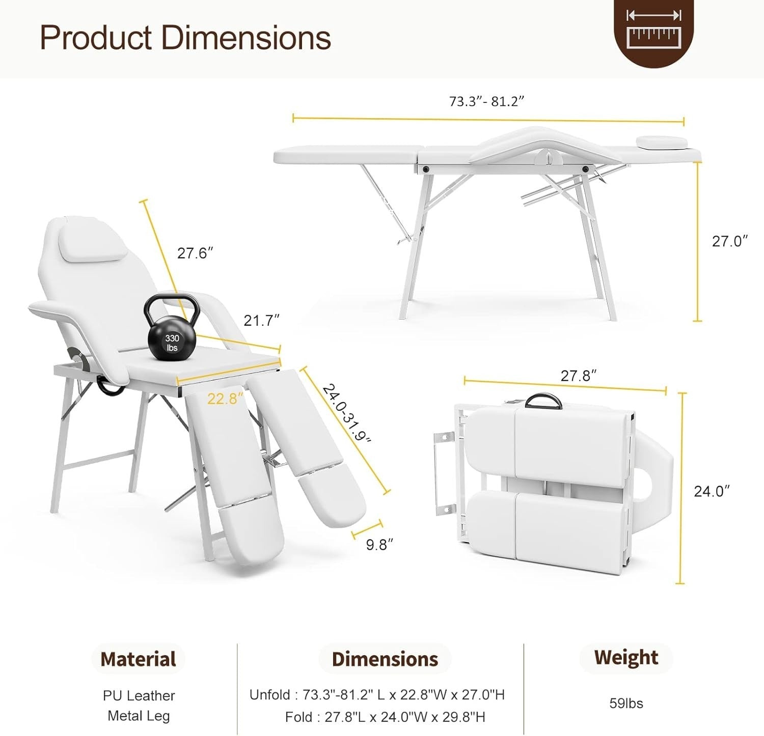 Portable 3-Section Folding Massage Table Adjustable Spa Bed With Carry Bag