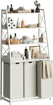 White 3 Section Laundry Hamper with 4 Tier Shelf Removable Bags & Wheels Unit