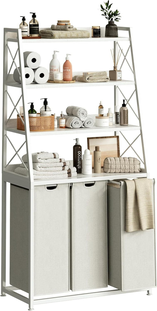 White 3 Section Laundry Hamper with 4 Tier Shelf Removable Bags & Wheels Unit