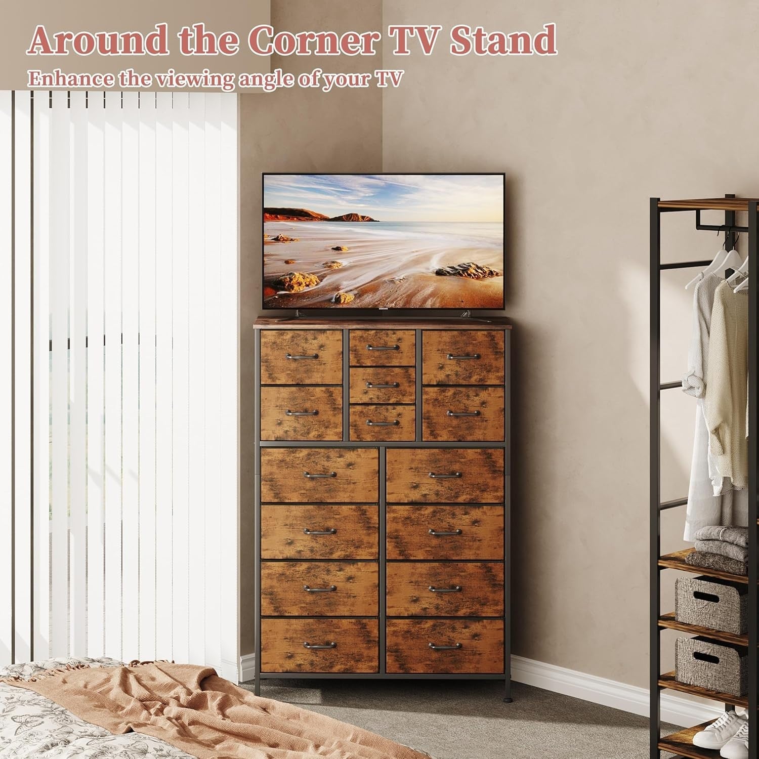 15 Drawer Fabric Chest Dresser Wood Top Tall Storage Unit Rustic Brown