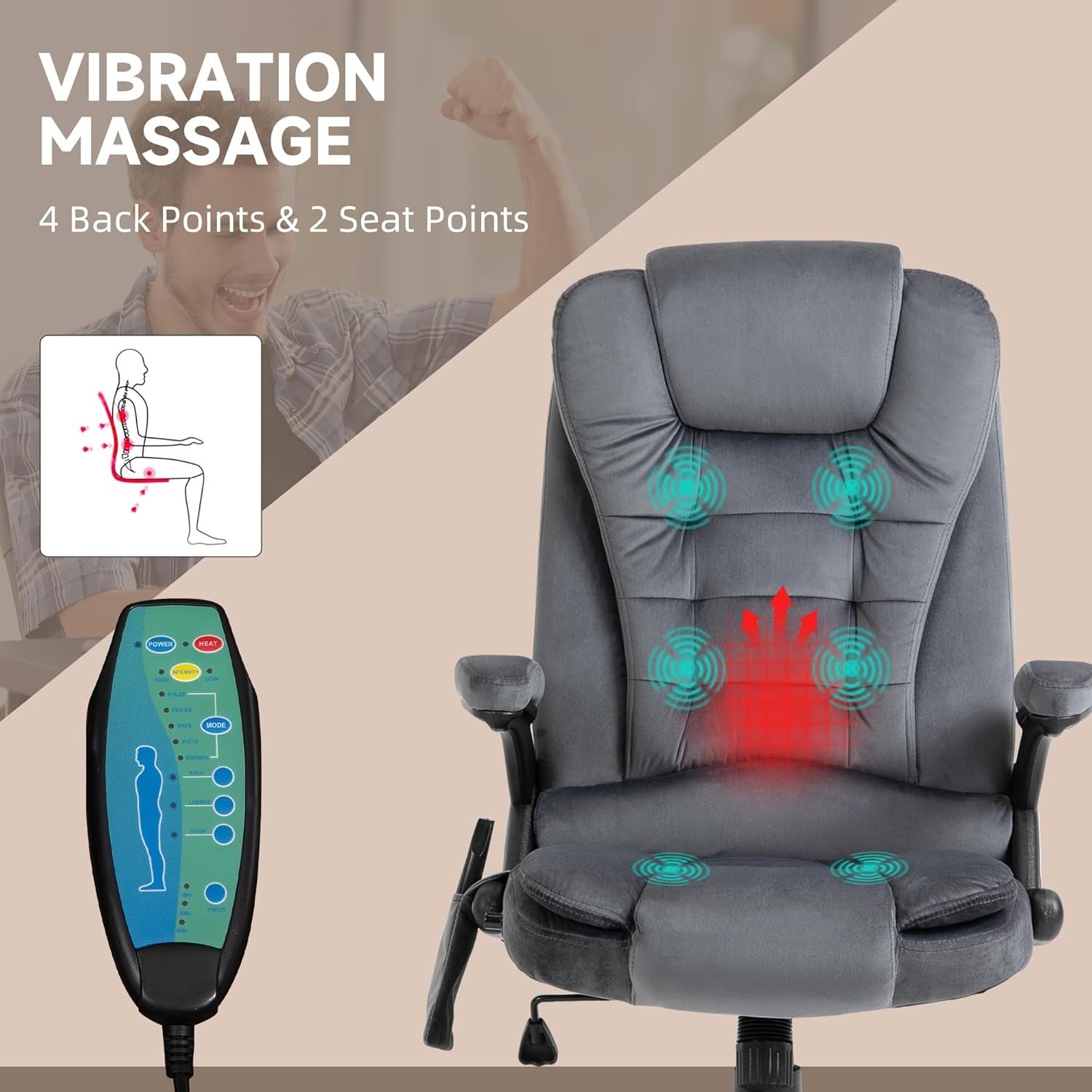 Heated Massage Office Chair 6 Point High Back Velvet Grey