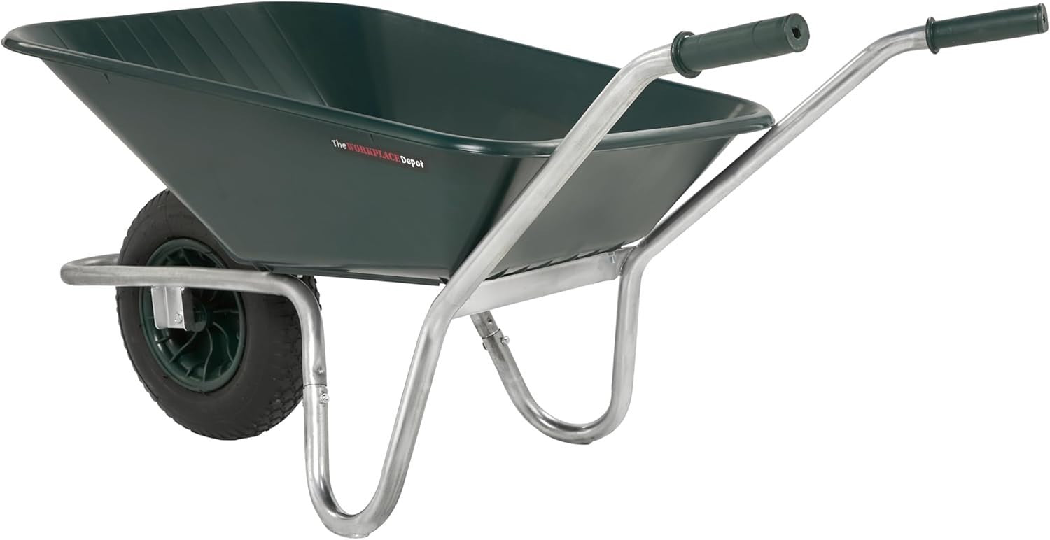 90L 1-Wheel Wheelbarrow Green – Pneumatic Tyre Steel Frame w/ Ergo Handles 120kg