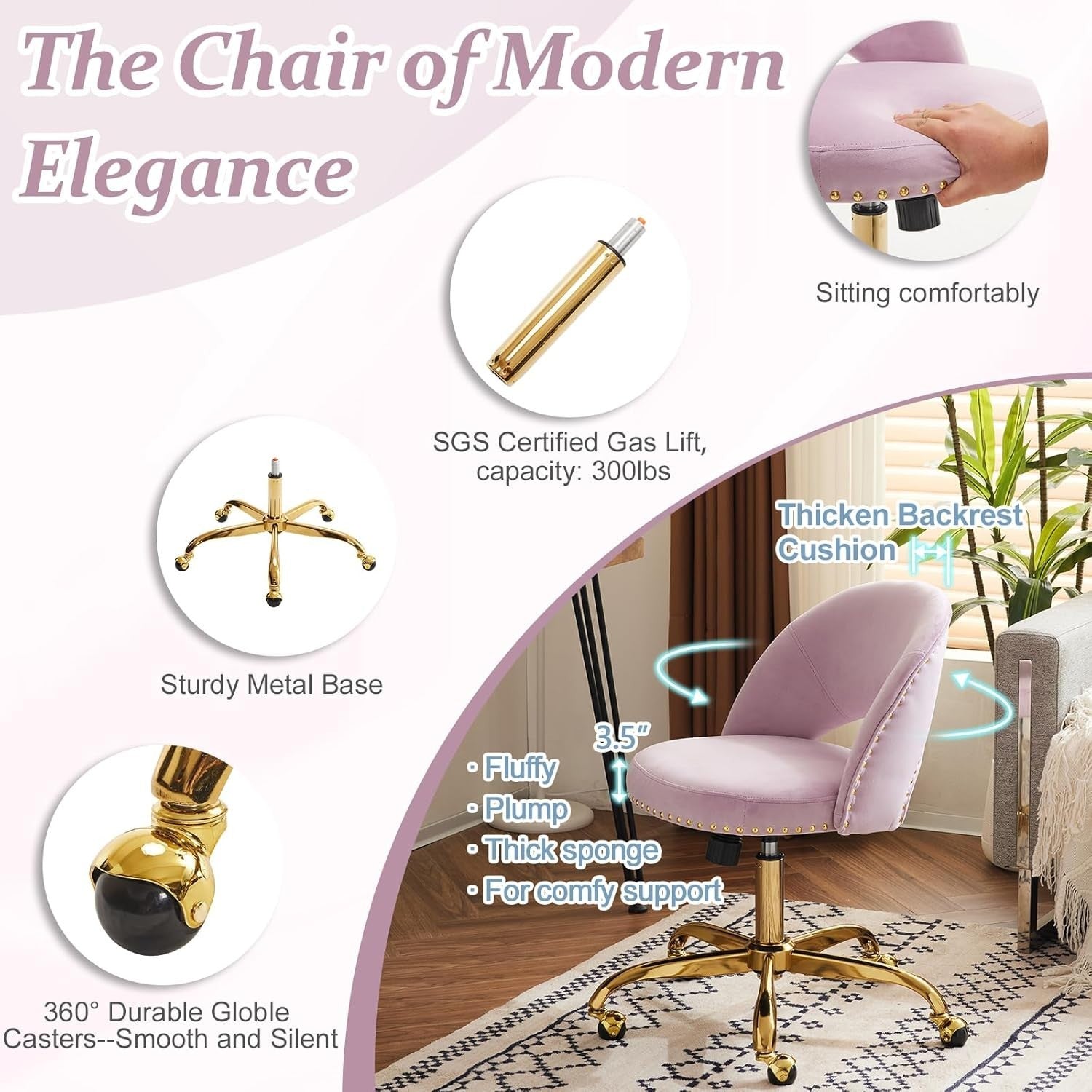 Purple Adjustable Velvet Swivel Desk Chair – Comfy Vanity & Office Seating