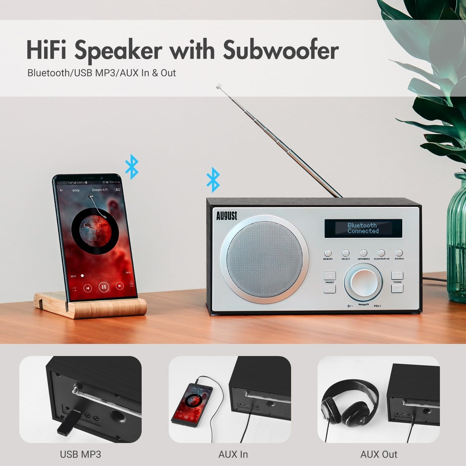DAB/DAB+ FM Radio Bluetooth Speaker Alarm Clock USB AUX Subwoofer Black