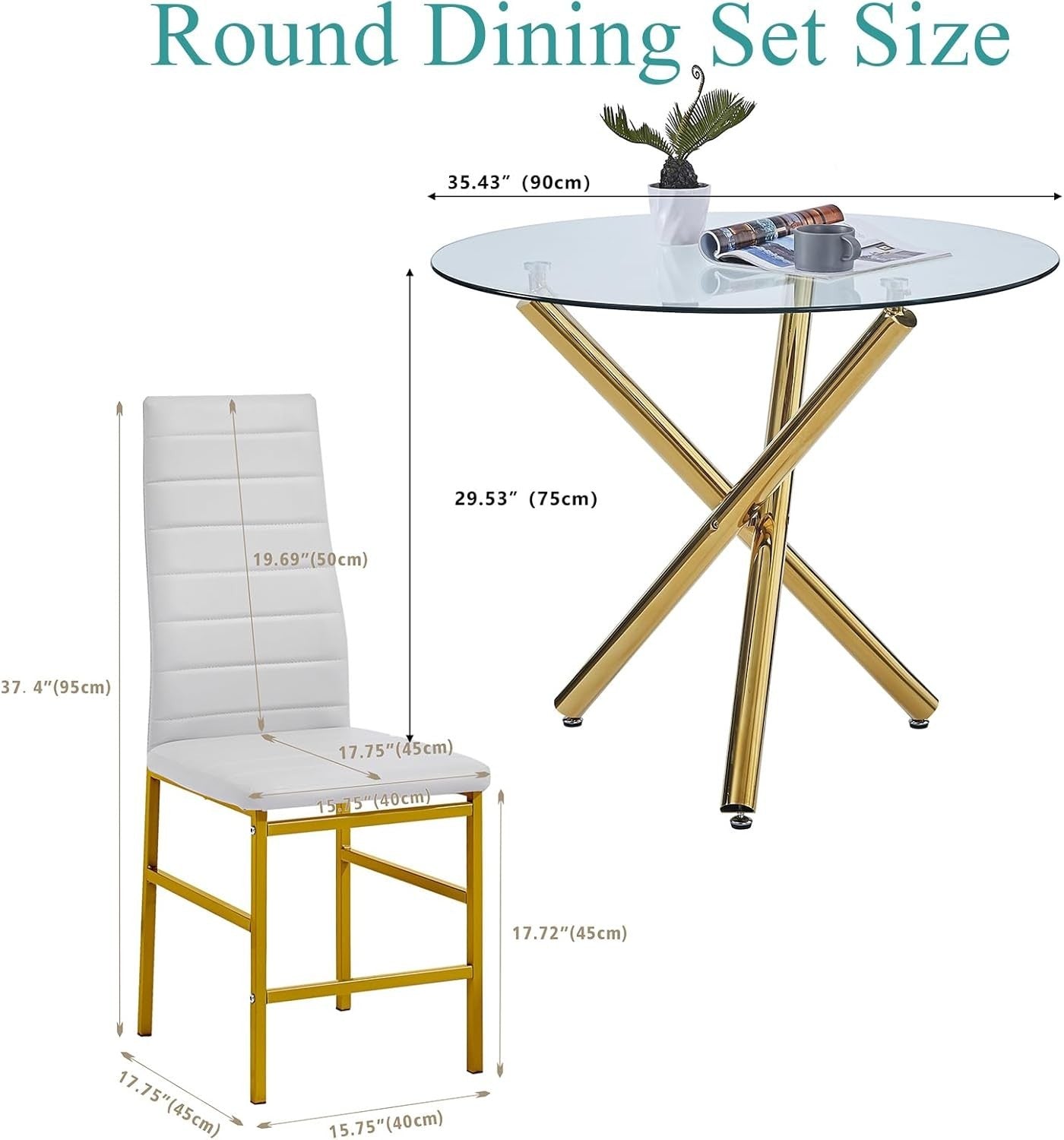 Gold Round Glass Dining Table Set 4 Faux Leather Chairs Compact Room