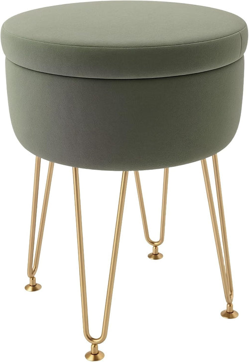 Green Velvet Storage Ottoman Round Footstool Hairpin Leg Stool 33x43cm