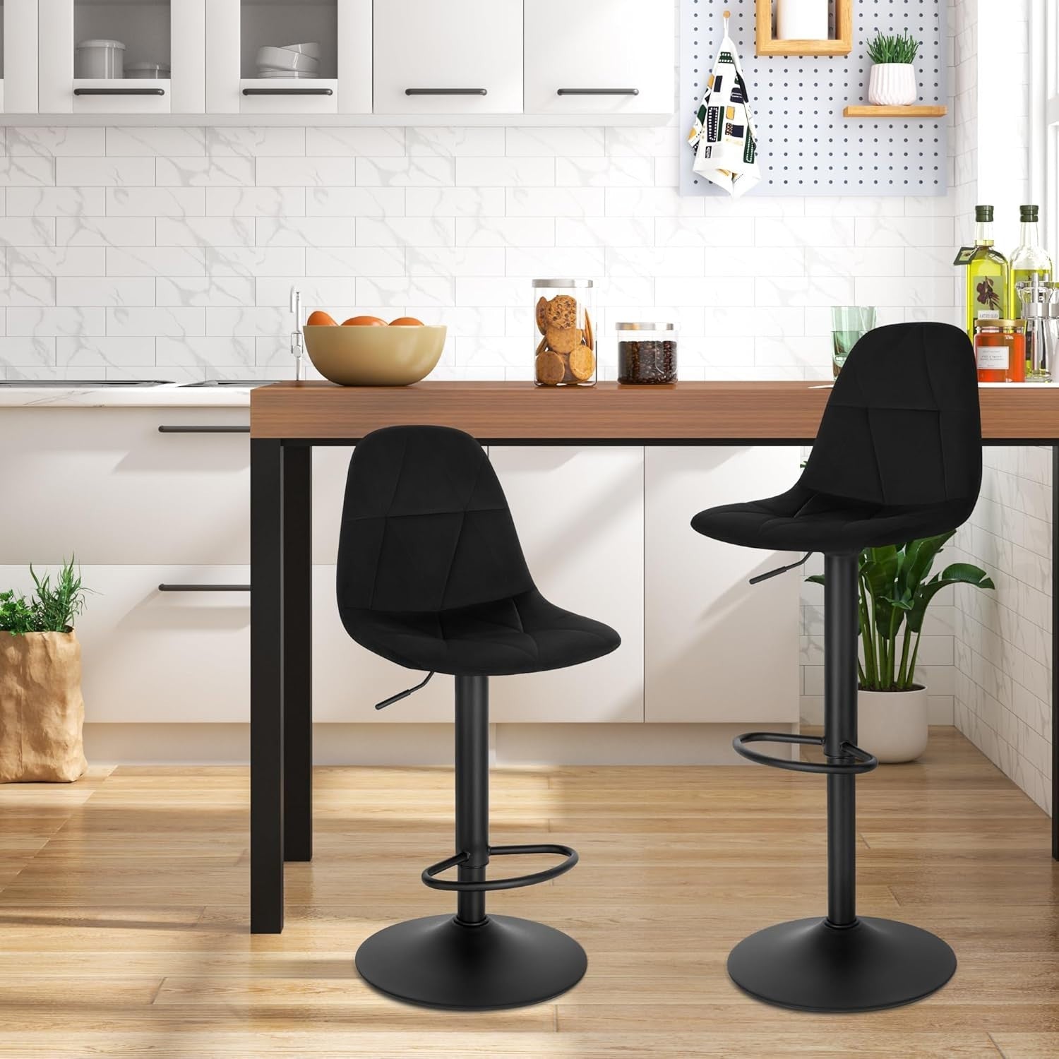 Adjustable Swivel Velvet Bar Stool L-Shaped Seat with Footrest 60-81cm