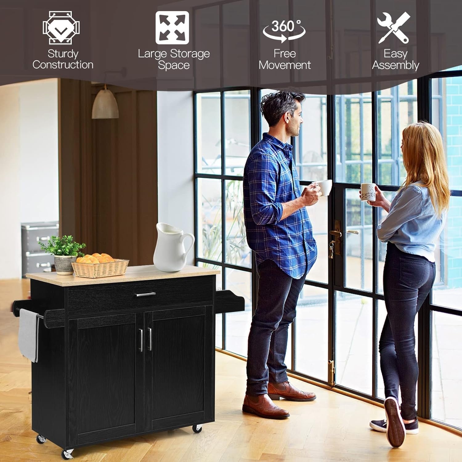 116cm Kitchen Island Trolley Drawer Cabinet Black