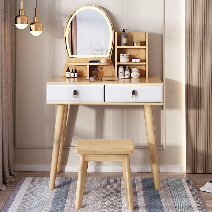 Vanity Makeup Dressing Table Desk w/ Lighted Mirror Stool Drawers Wood Modern