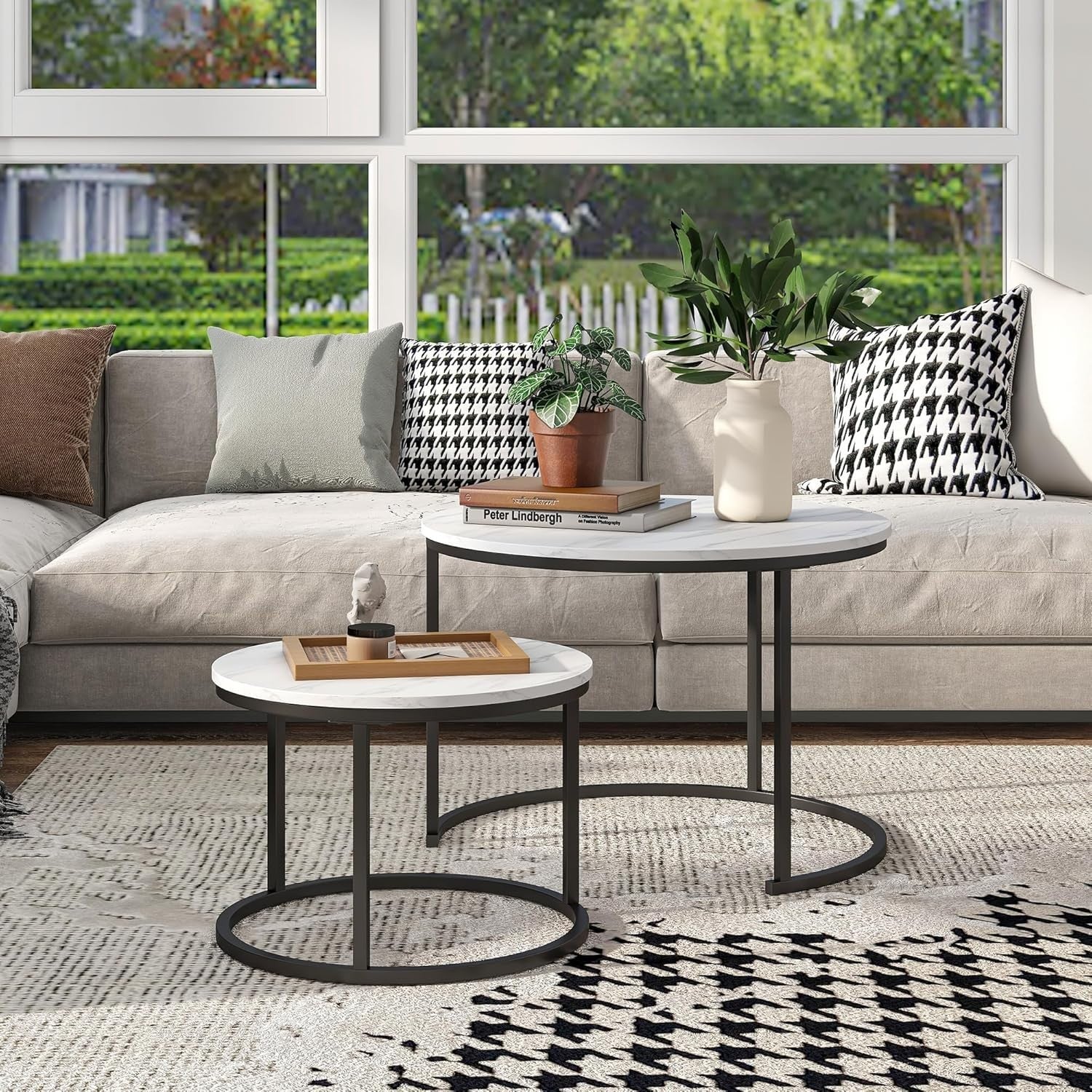 Nesting Coffee Table Black White Round Metal Legs Side End Modern Wood Look
