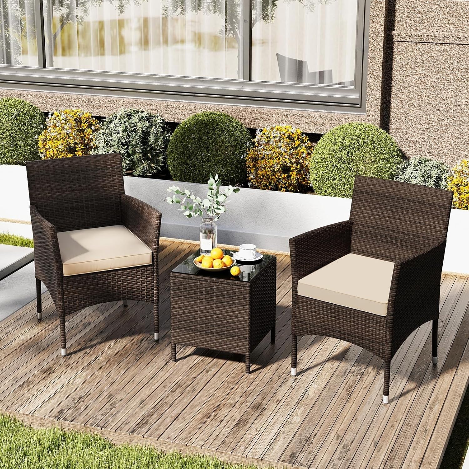 3PC Rattan Bistro Set Outdoor Patio Chairs with Table Cushioned Garden Set