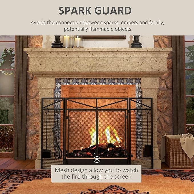 3 Panel Folding Fire Screen with Fireplace Tools & Doors – Freestanding Spark