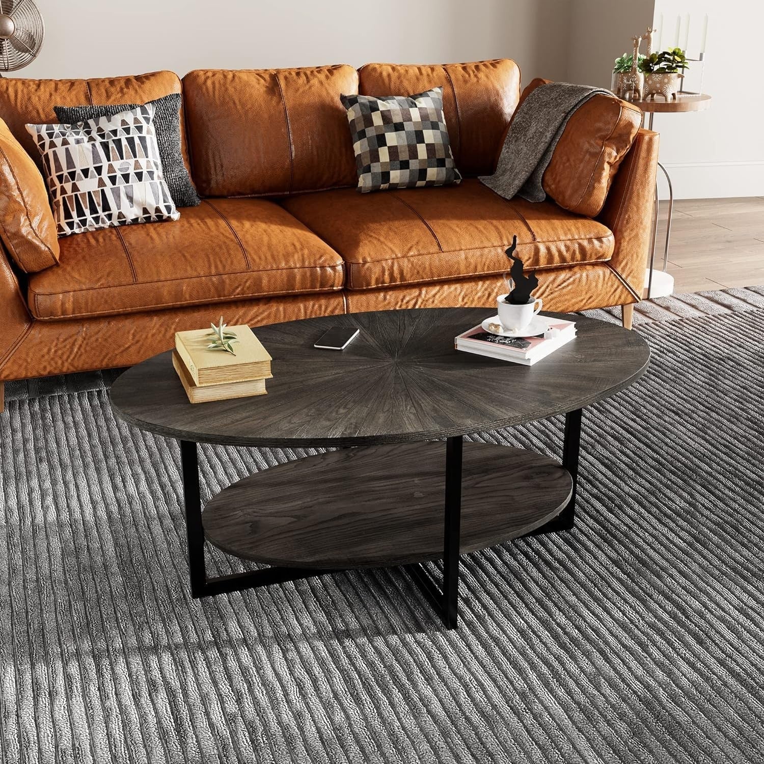 Rustic Brown Oval Coffee Table with Cross Metal Legs & 2-Tier Shelf 110x66cm