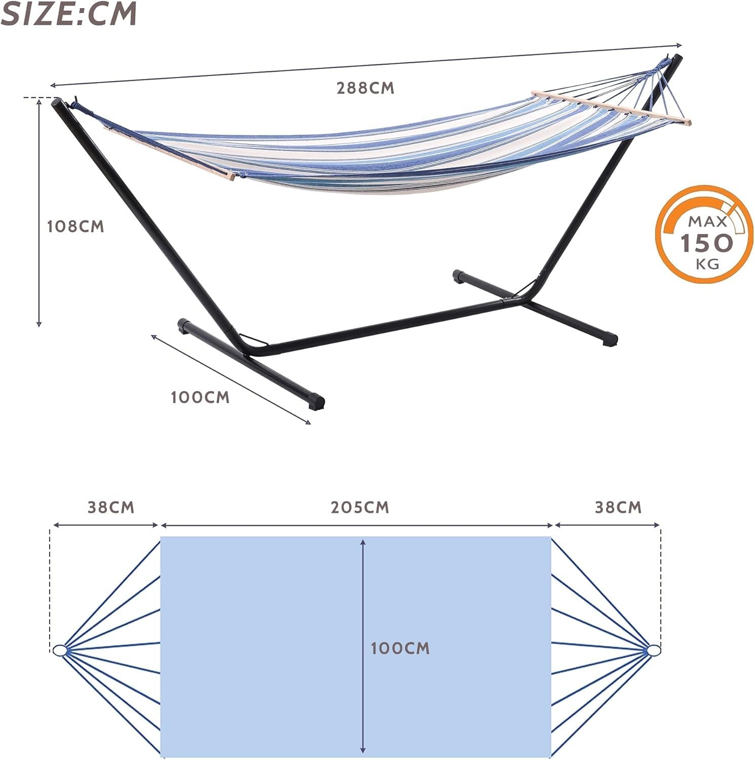 Blue & White Hammock with Stand | Portable Cotton Swing Bed | 150KG Capacity