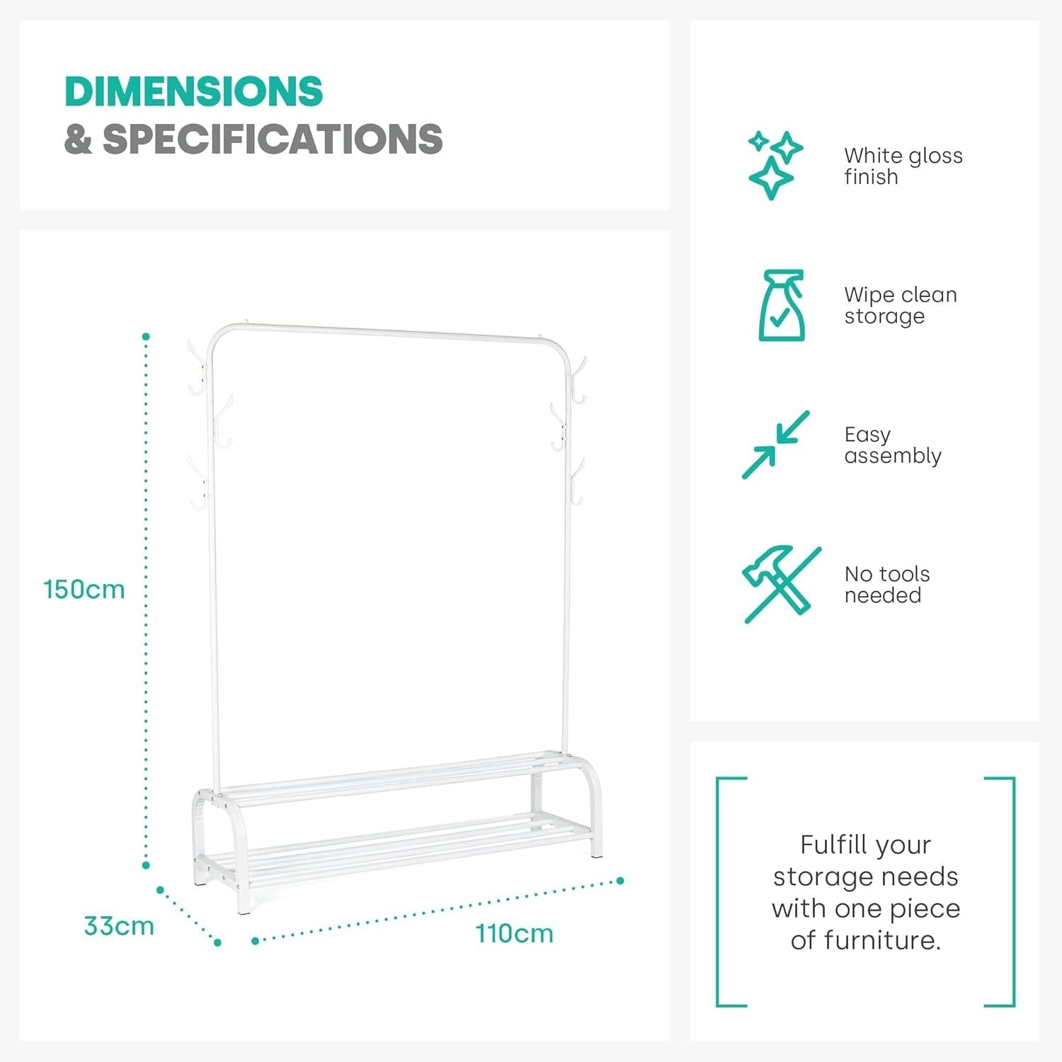Heavy Duty Clothes Rail with 2-Tier Shoe Shelf & Hooks – White 150cm