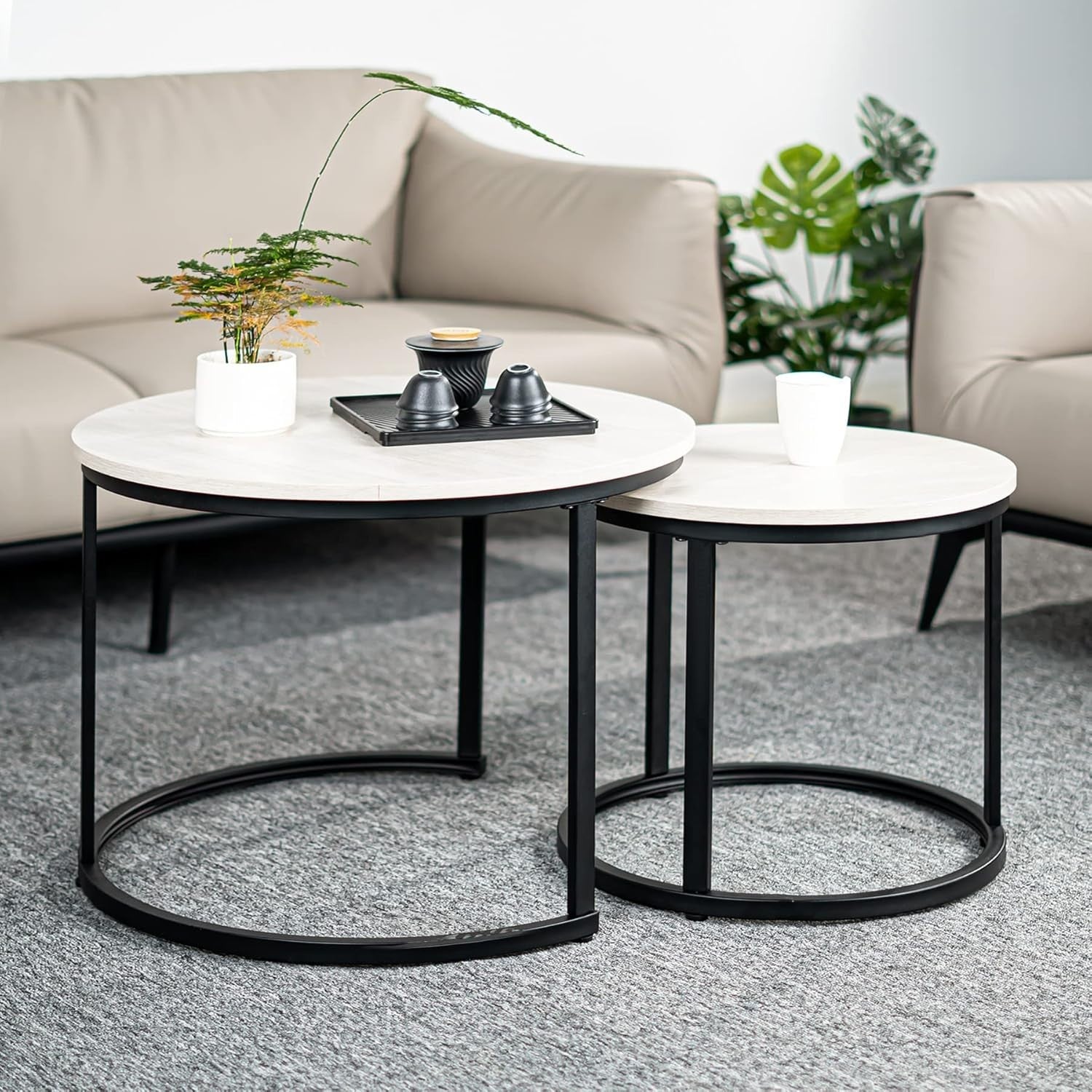 Nesting Coffee Table Set 2 Round Wood Metal Frame White Modern Industrial