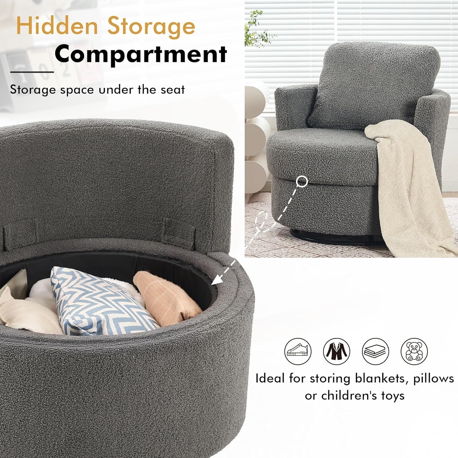 Grey Teddy Swivel Cuddle Chair Boucle Armchair with Storage