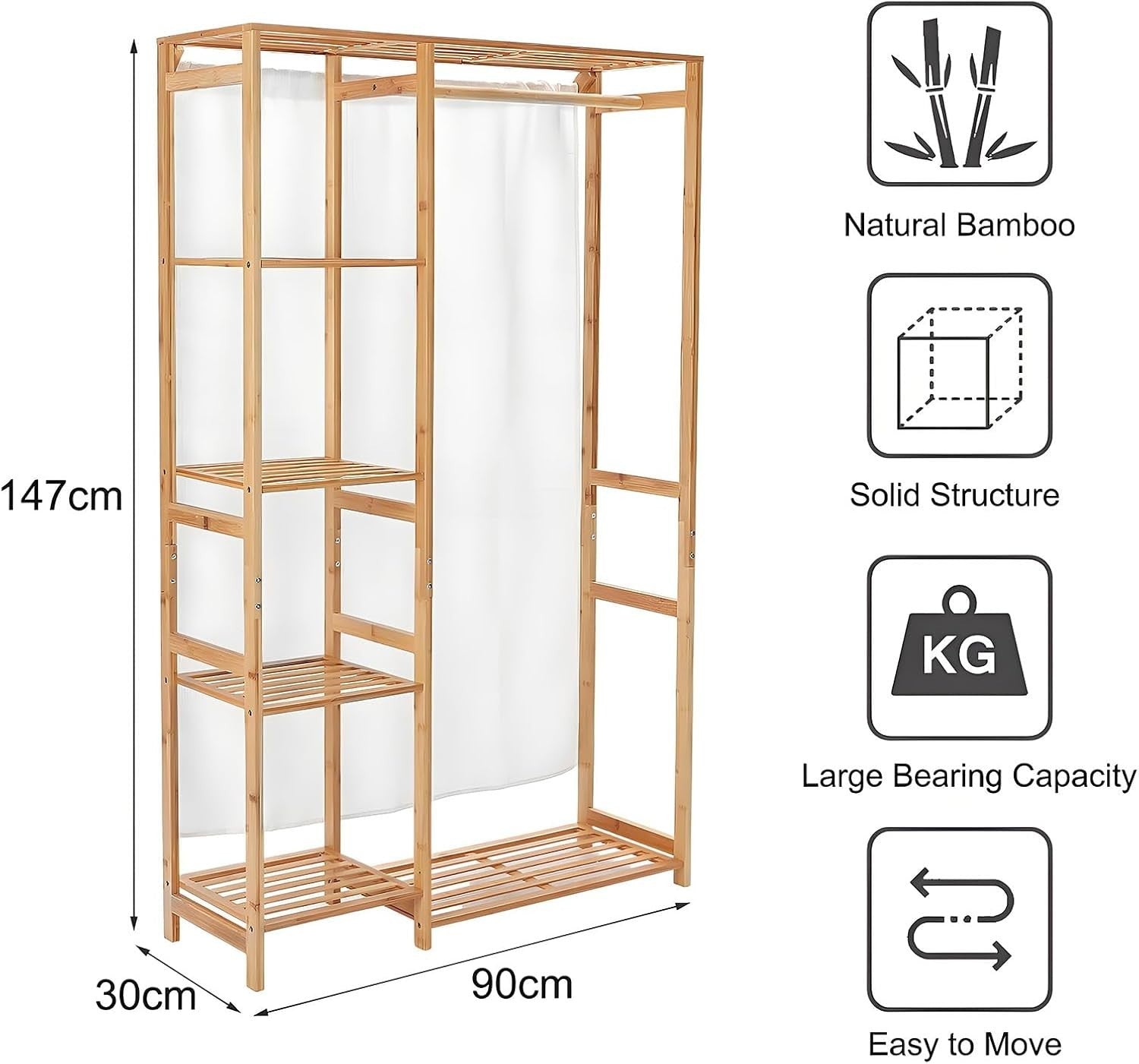 Bamboo Clothes Rail 147cm Garment Rack with 4 Shelves Open Wardrobe