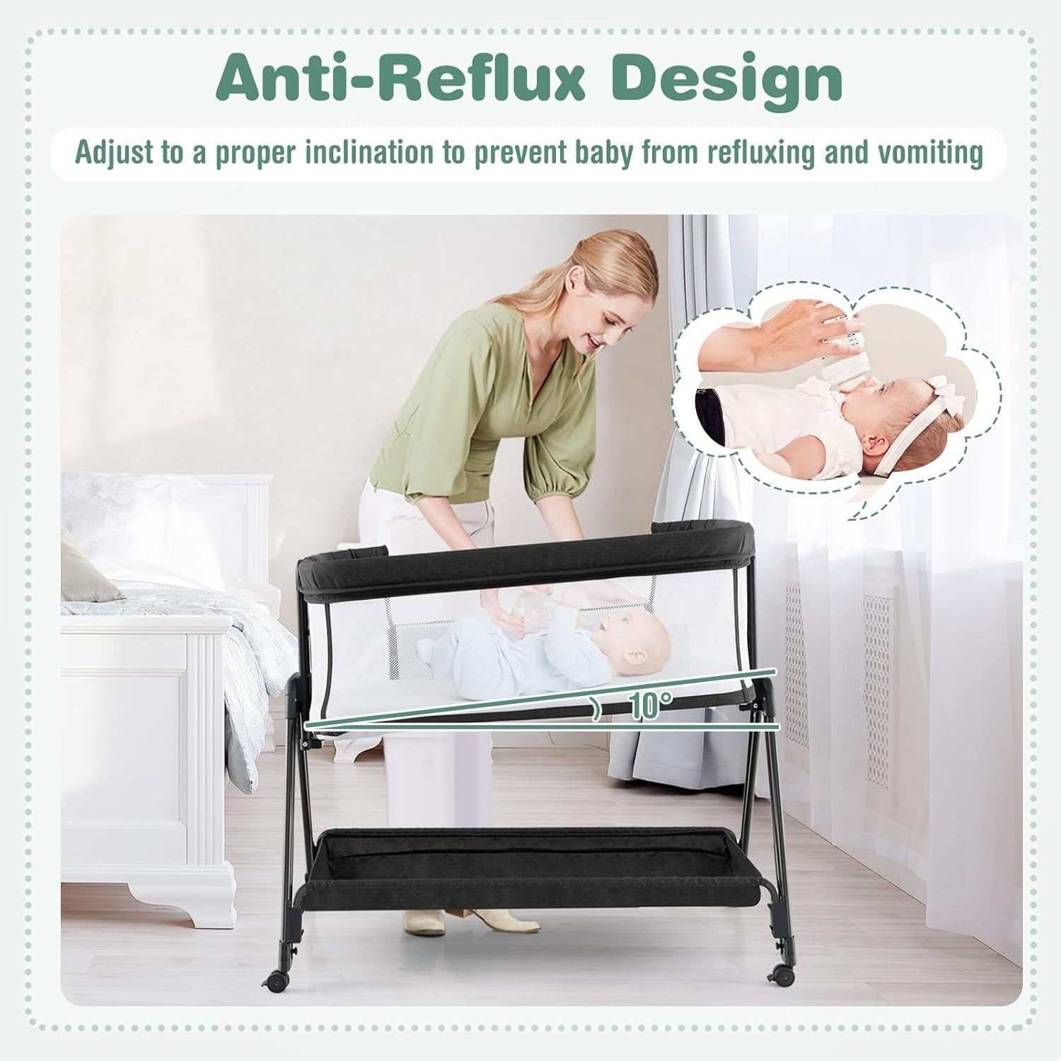 Baby Bedside Crib with Mattress, 7 Height Adjustable, Mesh Sides & Storage Shelf