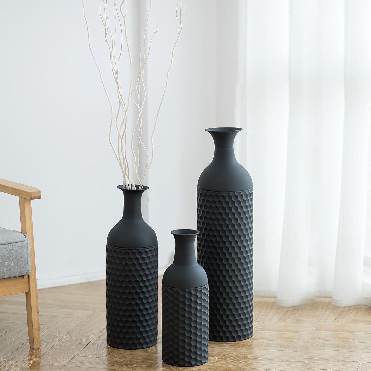 Large Black Floor Vase Set Tall Metal Standing Vases Modern Home Decor